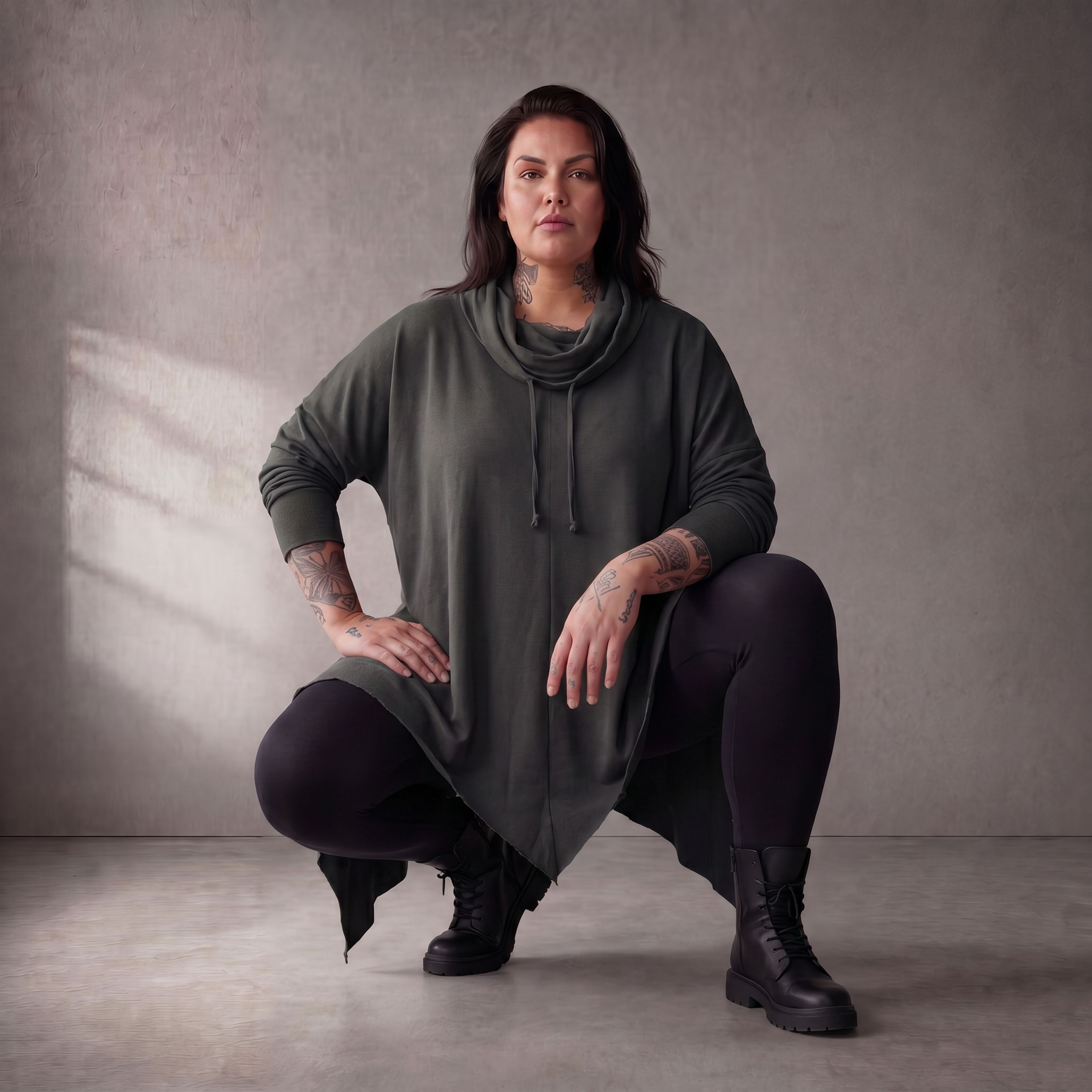 Damen Shirt Lagenlook Baumwolle Anthrazit, A-Linie, 7/8-Arm, Rollkragen, Oversize große Größen – Funky Diva