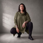 Damen Shirt Lagenlook Baumwolle Khaki, A-Linie, Rollkragen, Oversize große Größen – Funky Diva