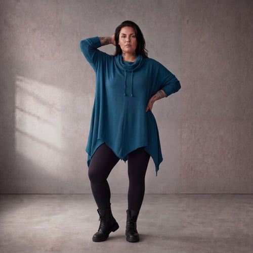 Damen Shirt Lagenlook Baumwolle Petrol, A-Linie, Rollkragen, Oversize große Größen – Funky Diva