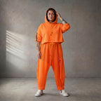 Damen Hose Lagenlook NeonOrange, schmaler Schnitt, Knopfleiste, Oversize große Größen – Funky Diva