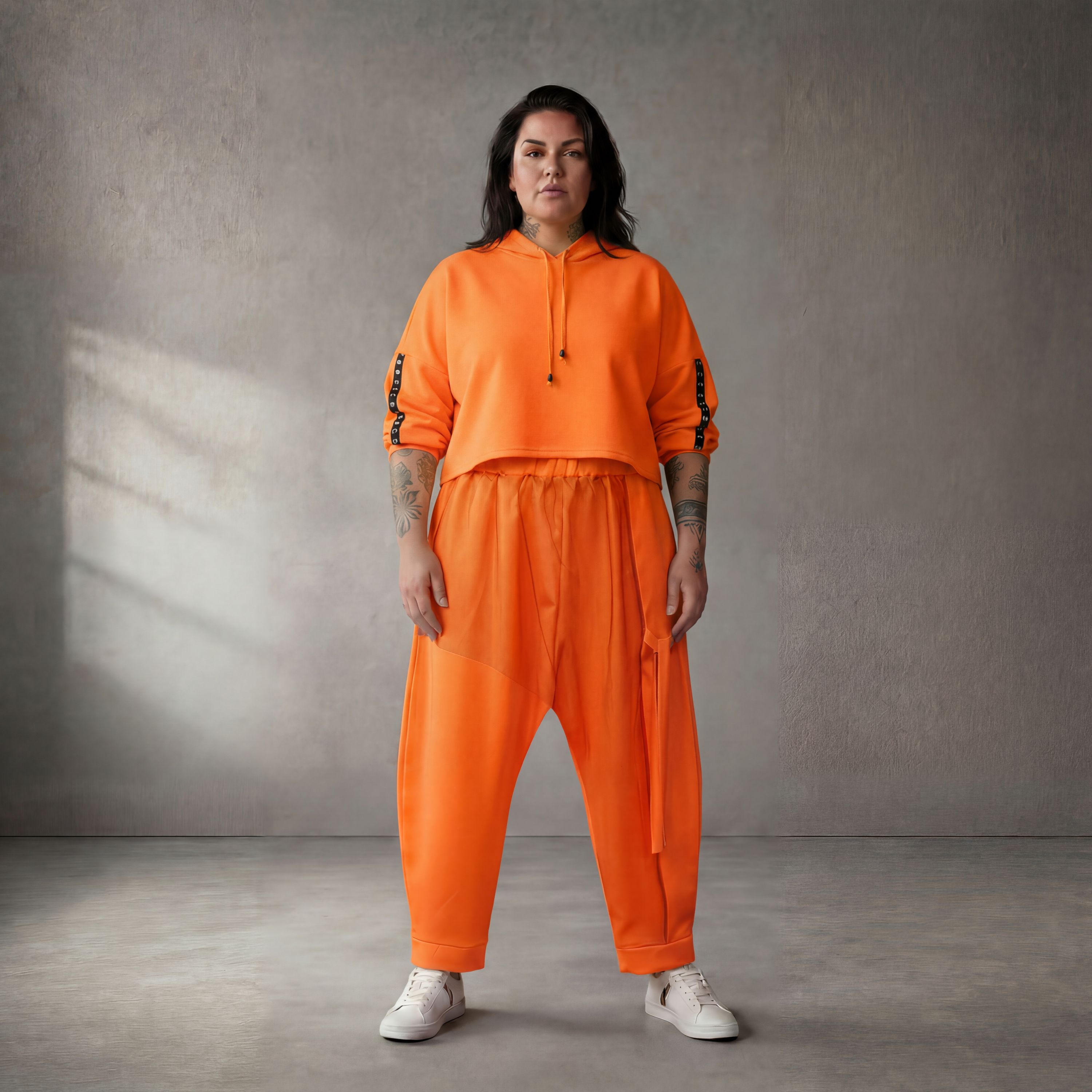Damen Hose Lagenlook NeonOrange, schmaler Schnitt, Knopfleiste, Oversize große Größen – Funky Diva