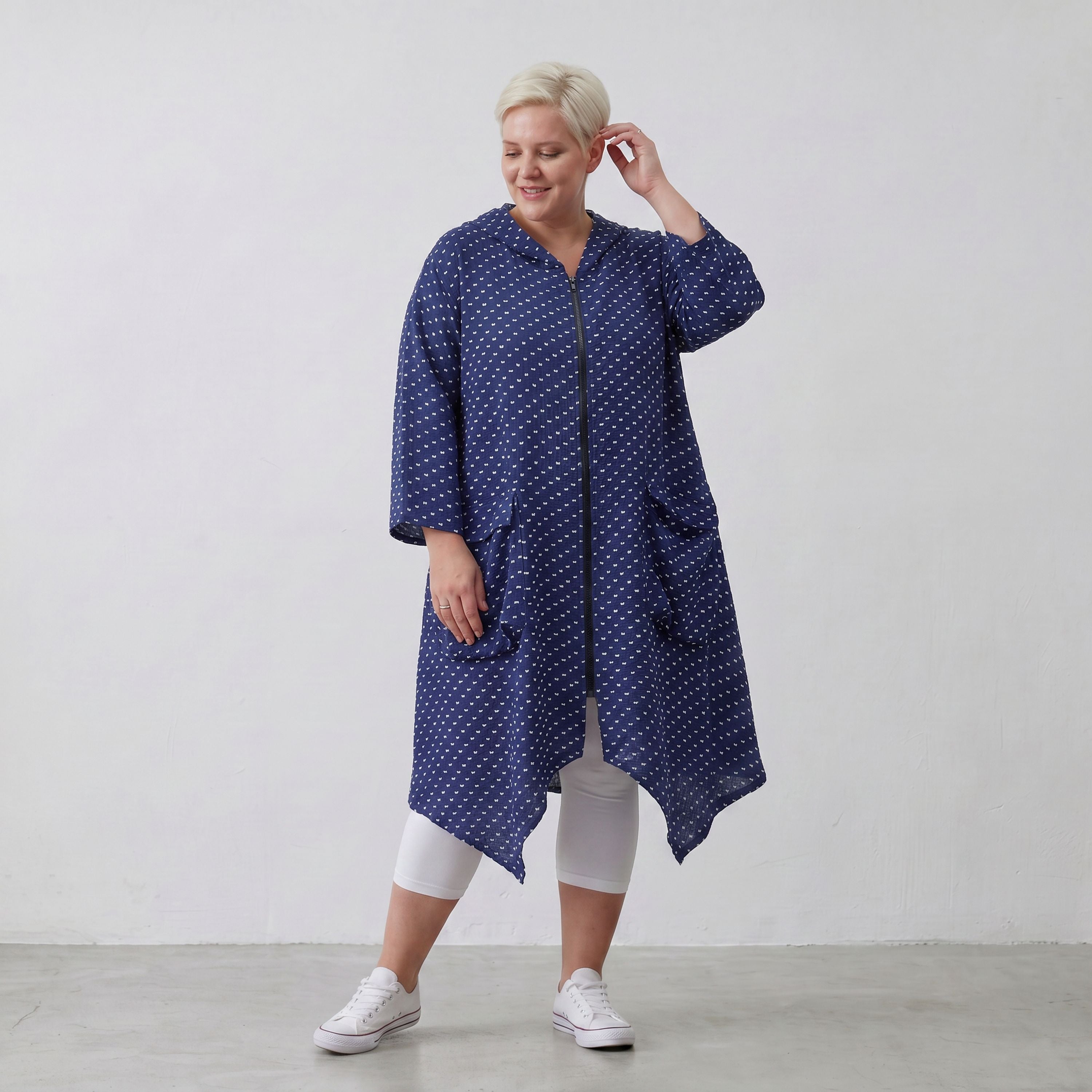 Zeitloser Oversize Lagenlook Mantel in DunkelblauWeiß Karo leger edel sommerlich weich