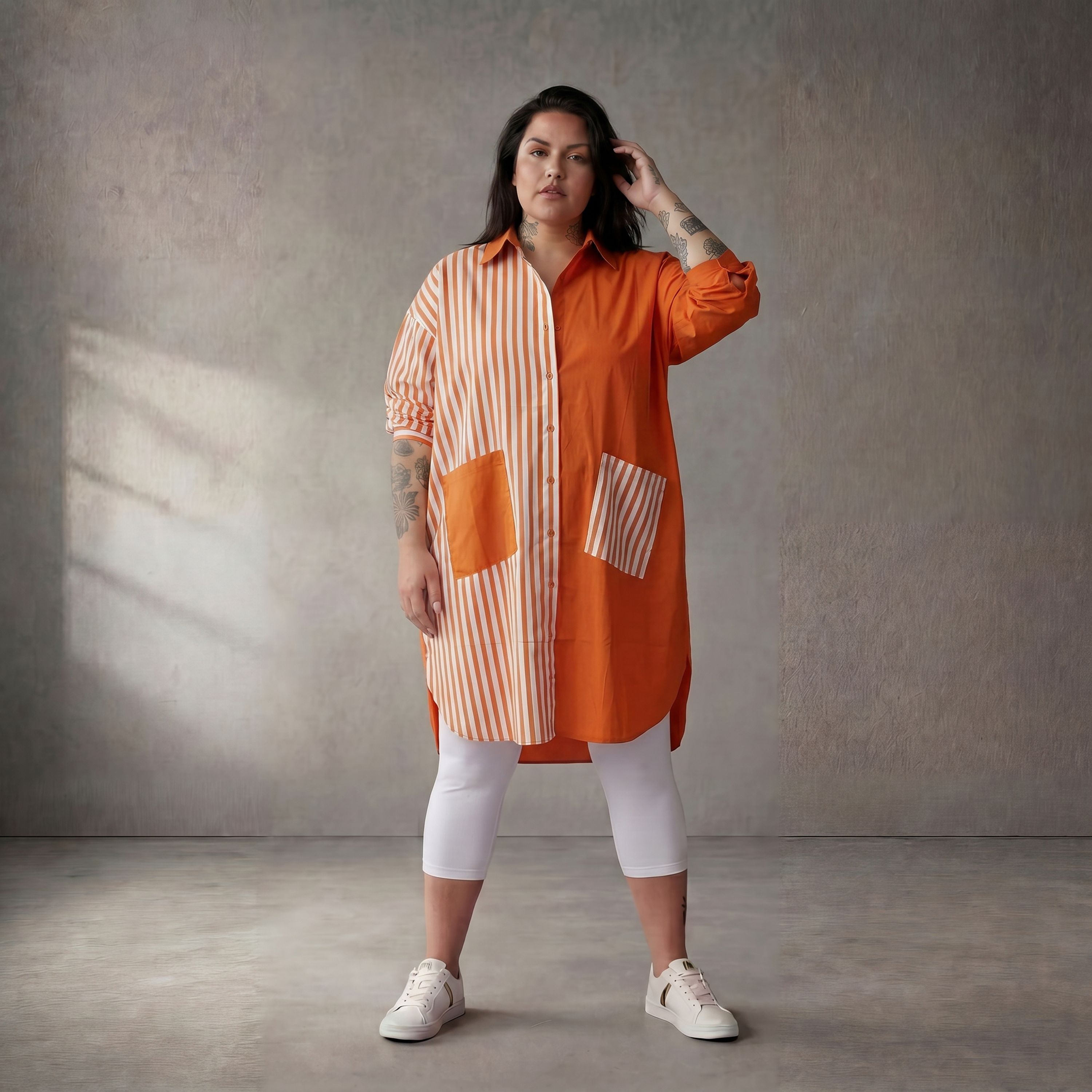 Leichte Popelinebluse in Orange/Weiß Oversize Look leger zeitlos mit Hemdkragen modern
