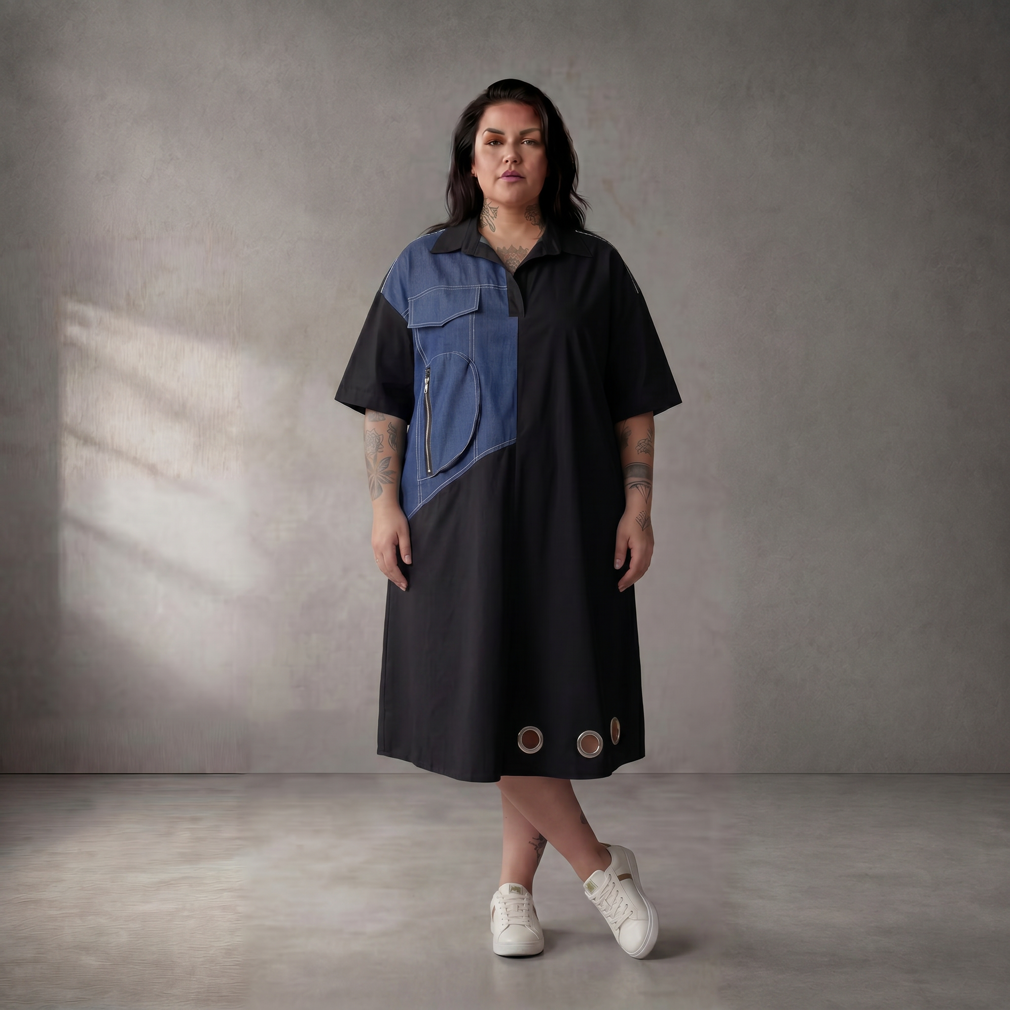 Leichte Baumwolltunika im Lagenlook Oversize leger in Blau Schwarz zeitlos elegant luftig
