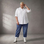 Legere blaue Karottenhose aus Baumwolle im Lagenlook weich elastisch zeitlos und bequem