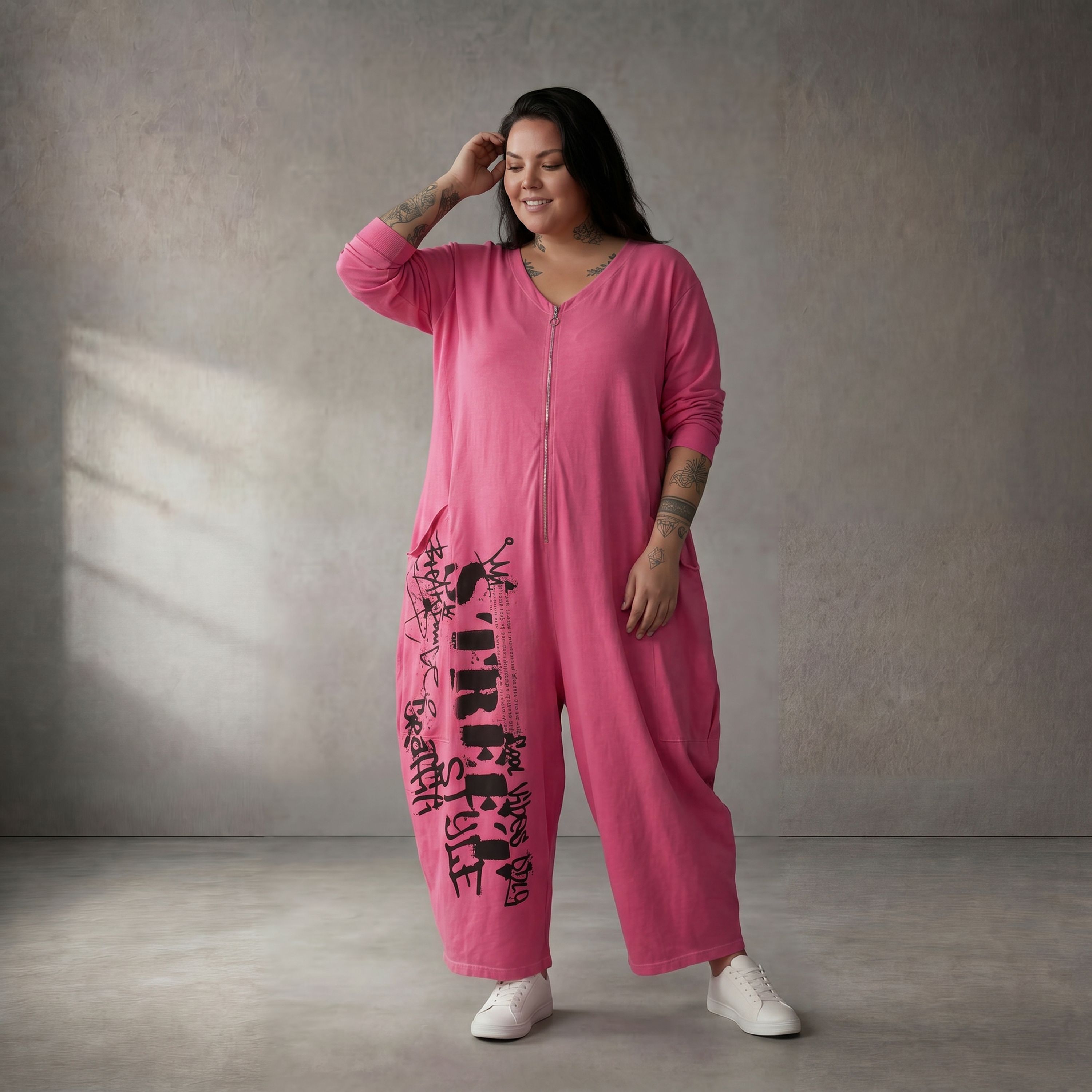 Rosa Baumwolljumpsuit im Lagenlook leger und zeitlos mit V Ausschnitt Streetstyle weich