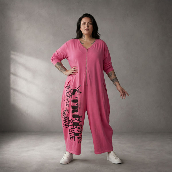 Rosa Baumwolljumpsuit im Lagenlook leger und zeitlos mit V Ausschnitt Streetstyle weich