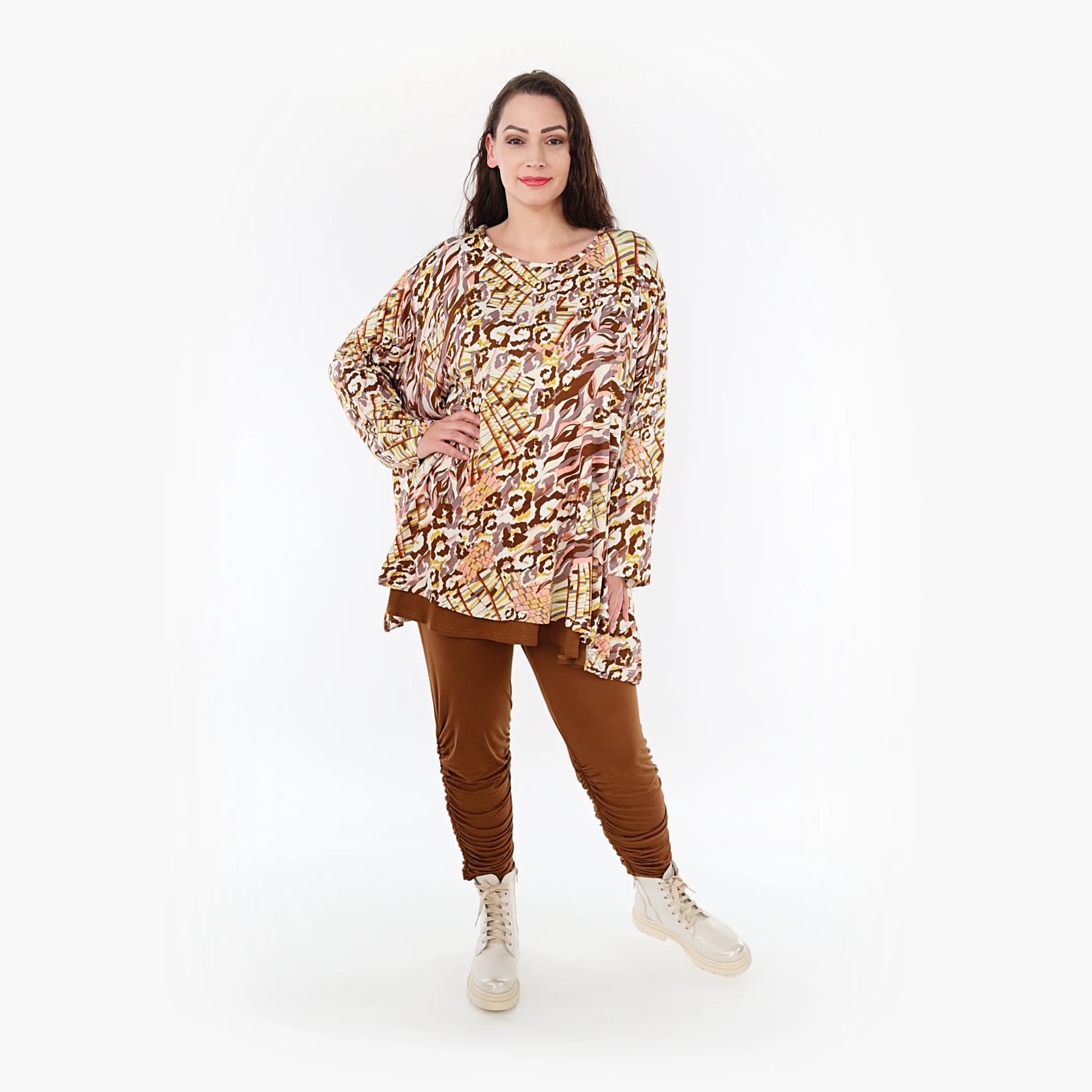  A-Form Bigshirt von AKH Fashion aus Viskose, 1355.00593, Cognac-Rose-Weiß, Muster, Schick