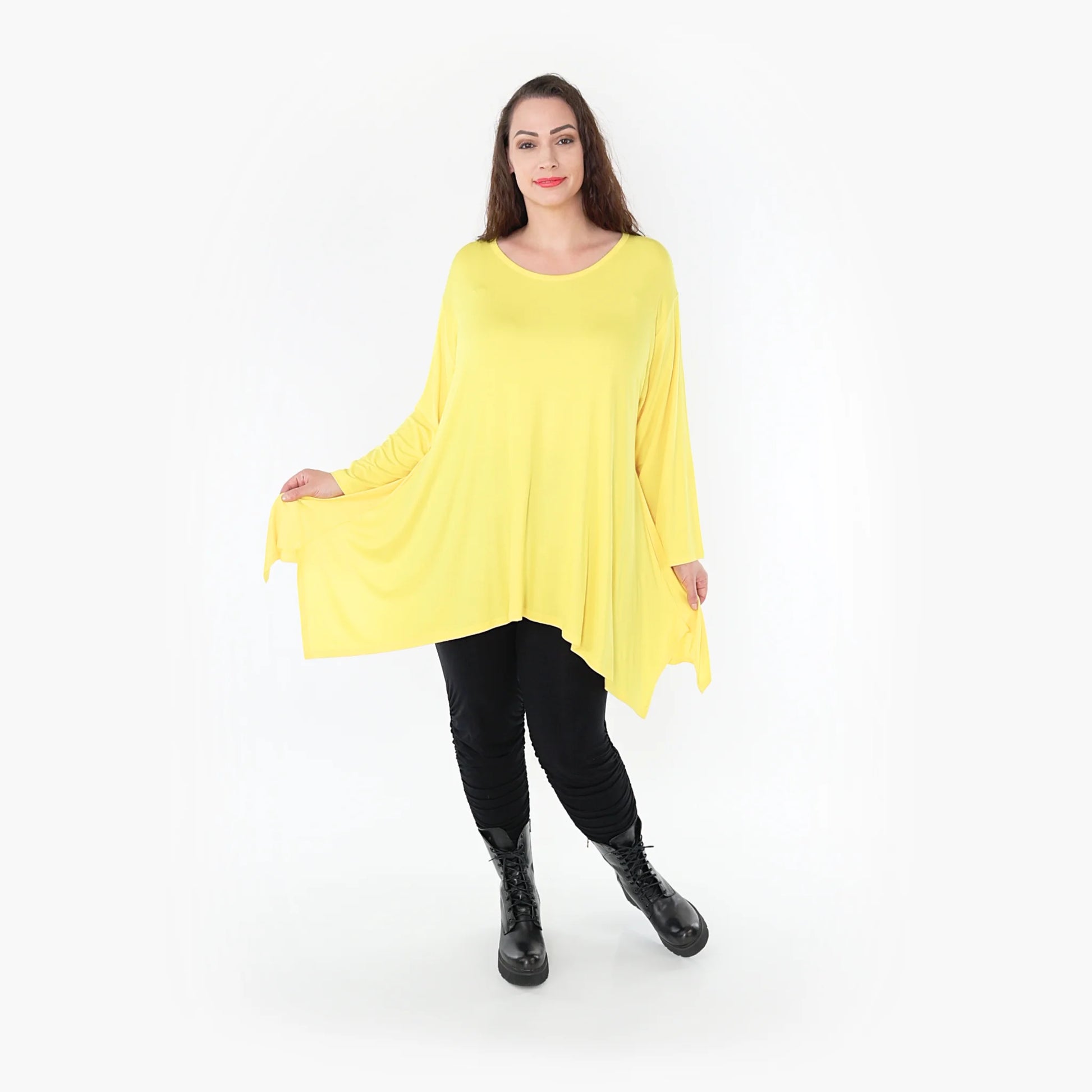  A-Form Shirt in strahlendem Gelb mit lässigem Rundhalsausschnitt und praktischen Taschen für Plus Size