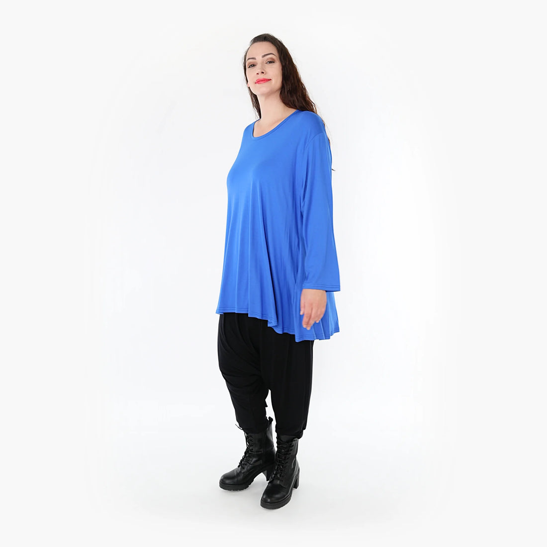  Stylisches Glocken-Form Shirt in royalblau mit legerem Rundhalsausschnitt und Taschen