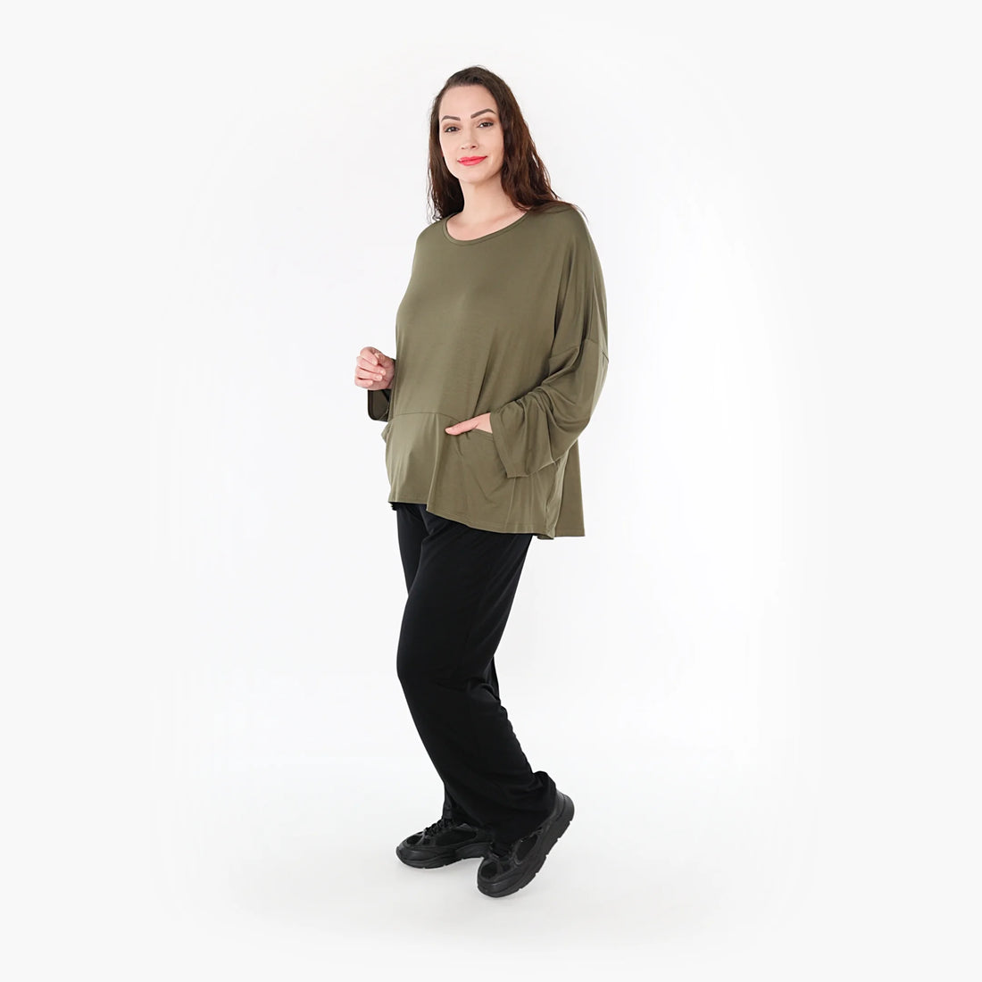  Modisches kastiges Shirt in elegantem Olive mit nahtlosen Taschen und lässigem Oversize-Schnitt