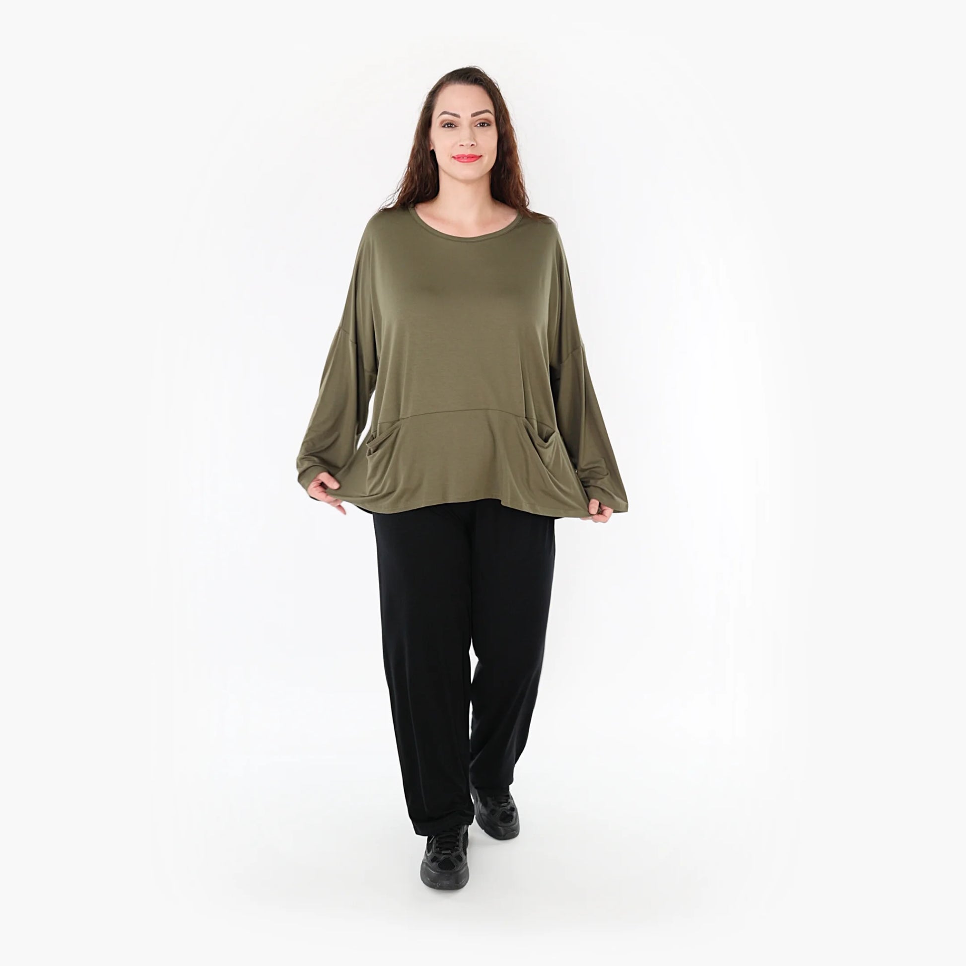  Modisches kastiges Shirt in elegantem Olive mit nahtlosen Taschen und lässigem Oversize-Schnitt