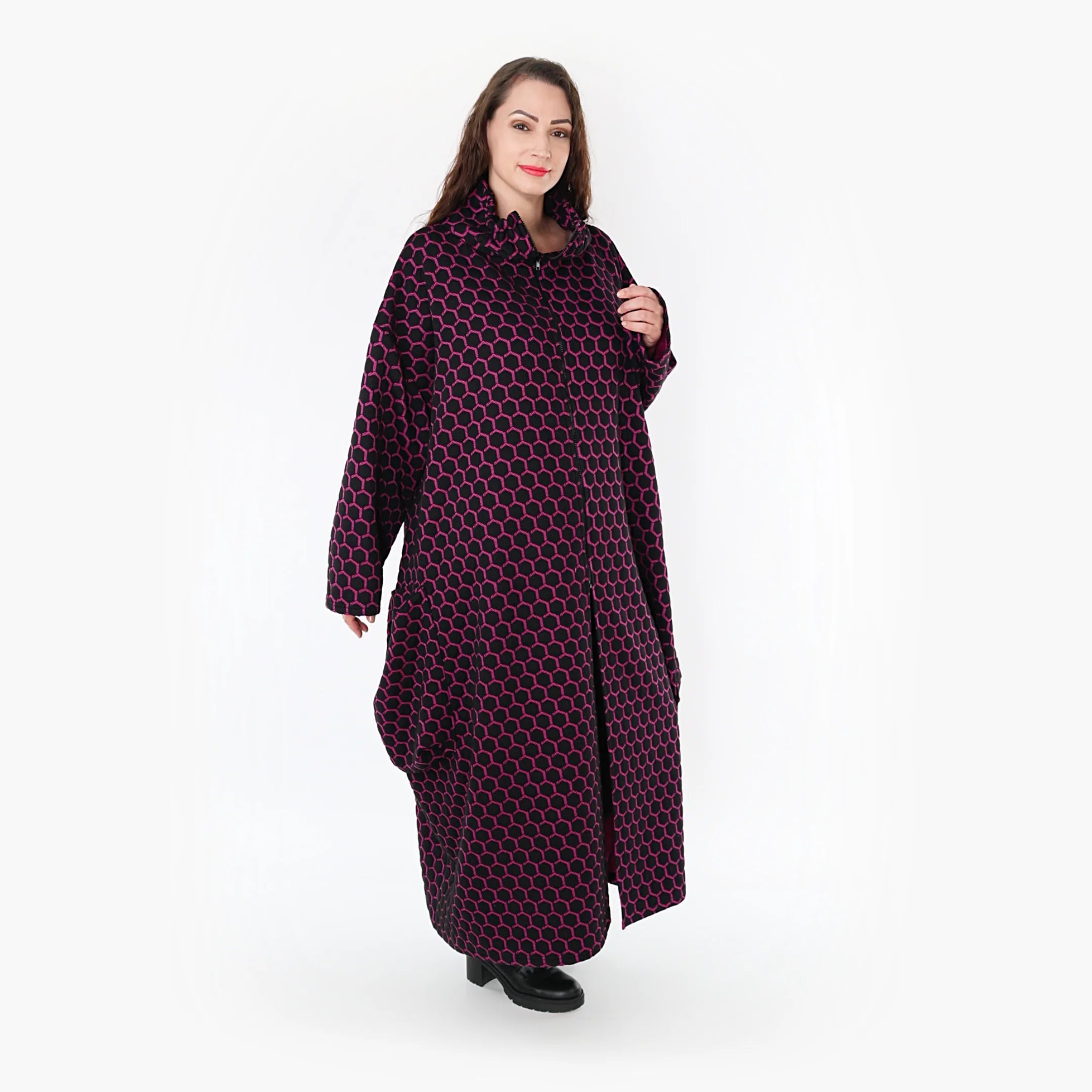  Ballonmantel von AKH Fashion aus Materialmix, 1365.06985, Schwarz-Fuchsia, Raute, Schick