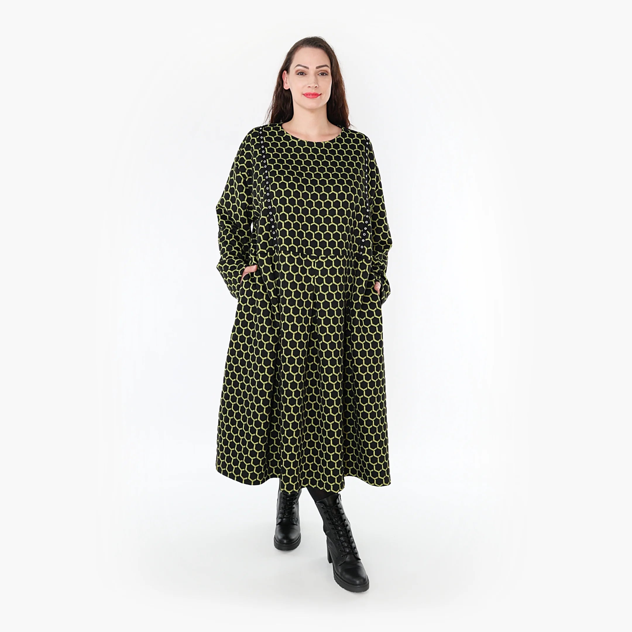  Ballonkleid von AKH Fashion aus Materialmix, 1365.06984, Schwarz-Lime, Raute, Schick
