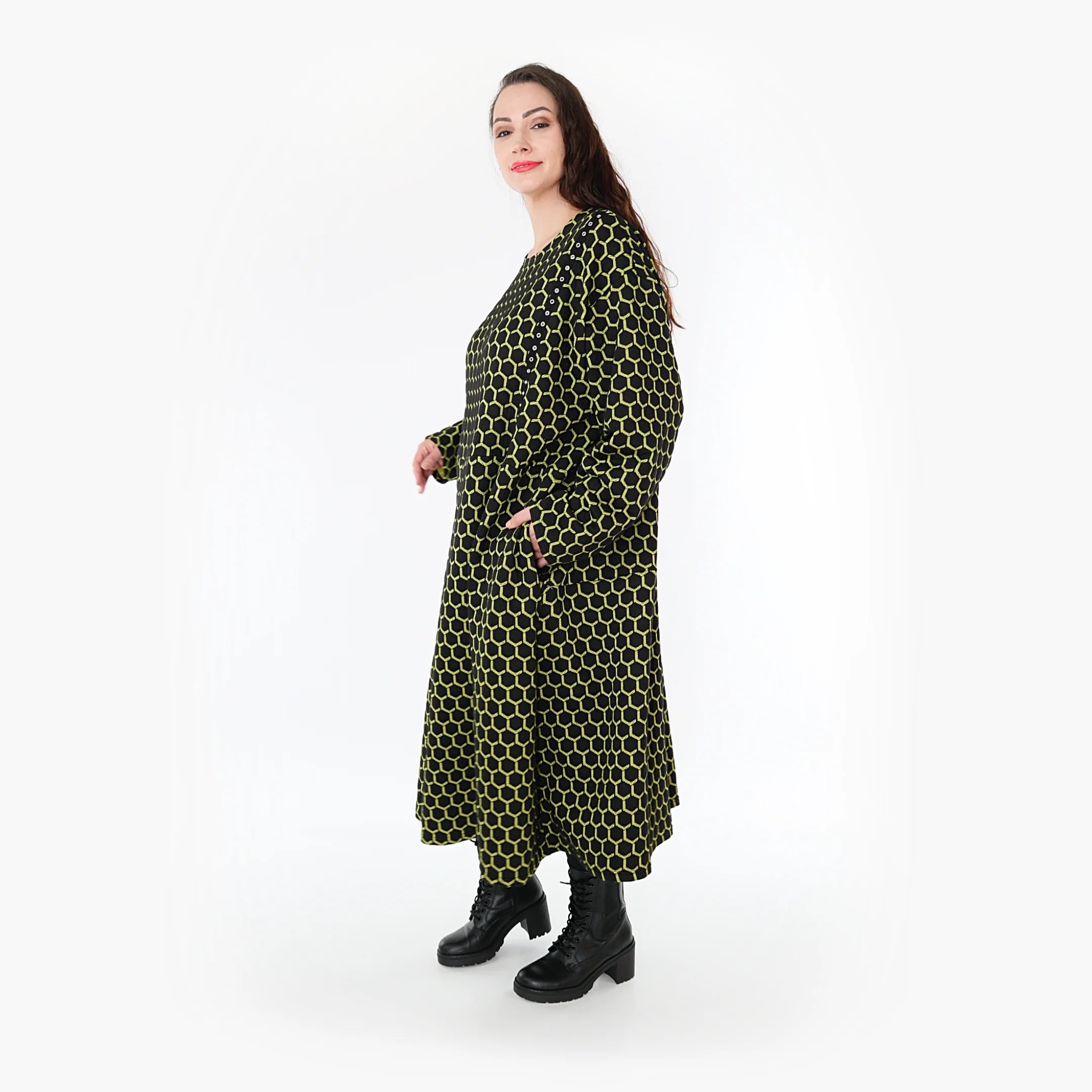  Ballonkleid von AKH Fashion aus Materialmix, 1365.06984, Schwarz-Lime, Raute, Schick