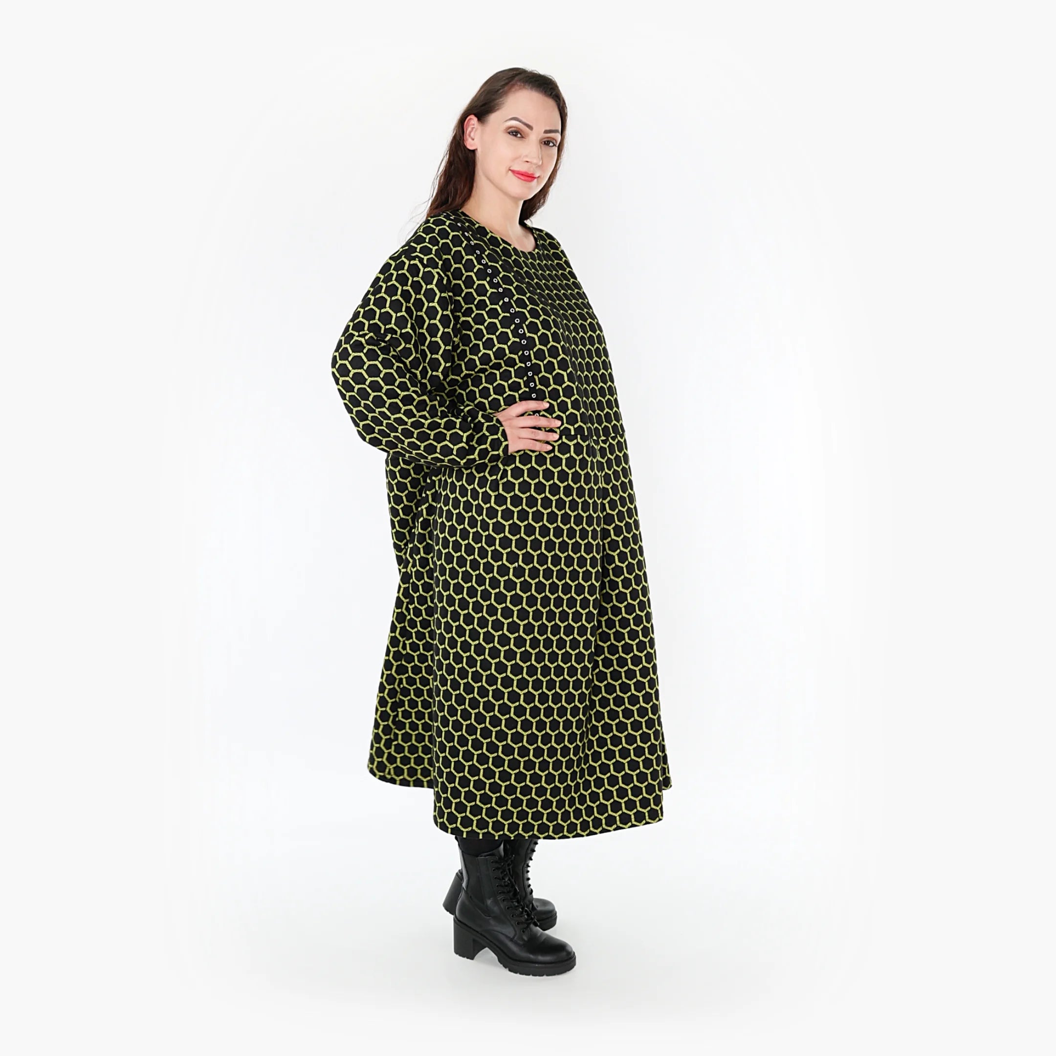  Ballonkleid von AKH Fashion aus Materialmix, 1365.06984, Schwarz-Lime, Raute, Schick