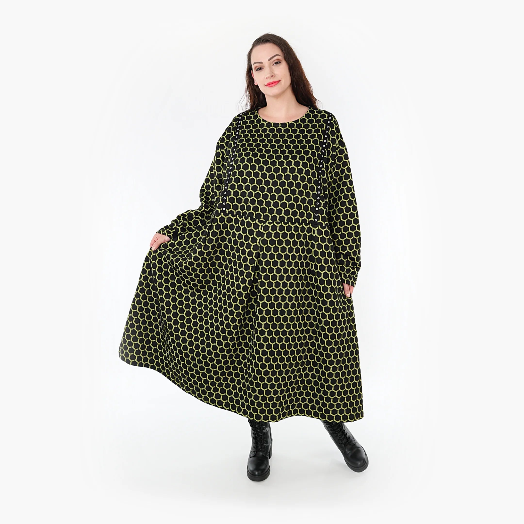  Ballonkleid von AKH Fashion aus Materialmix, 1365.06984, Schwarz-Lime, Raute, Schick