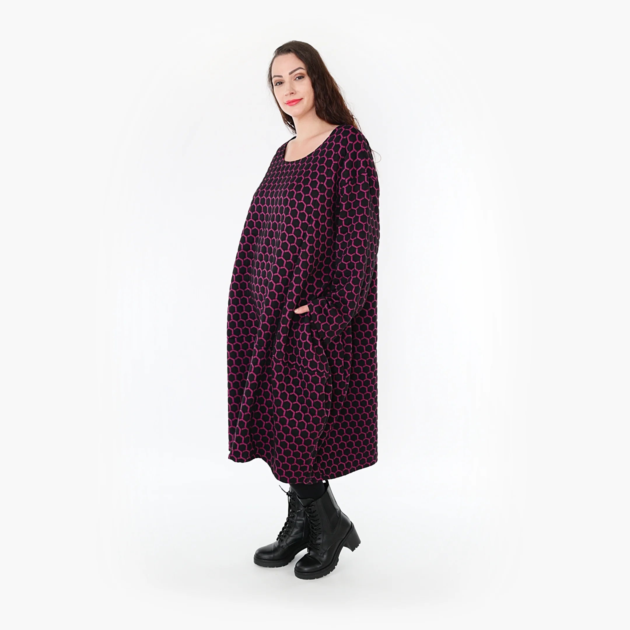  Ballonkleid von AKH Fashion aus Materialmix, 1365.06859, Schwarz-Fuchsia, Raute, Schick