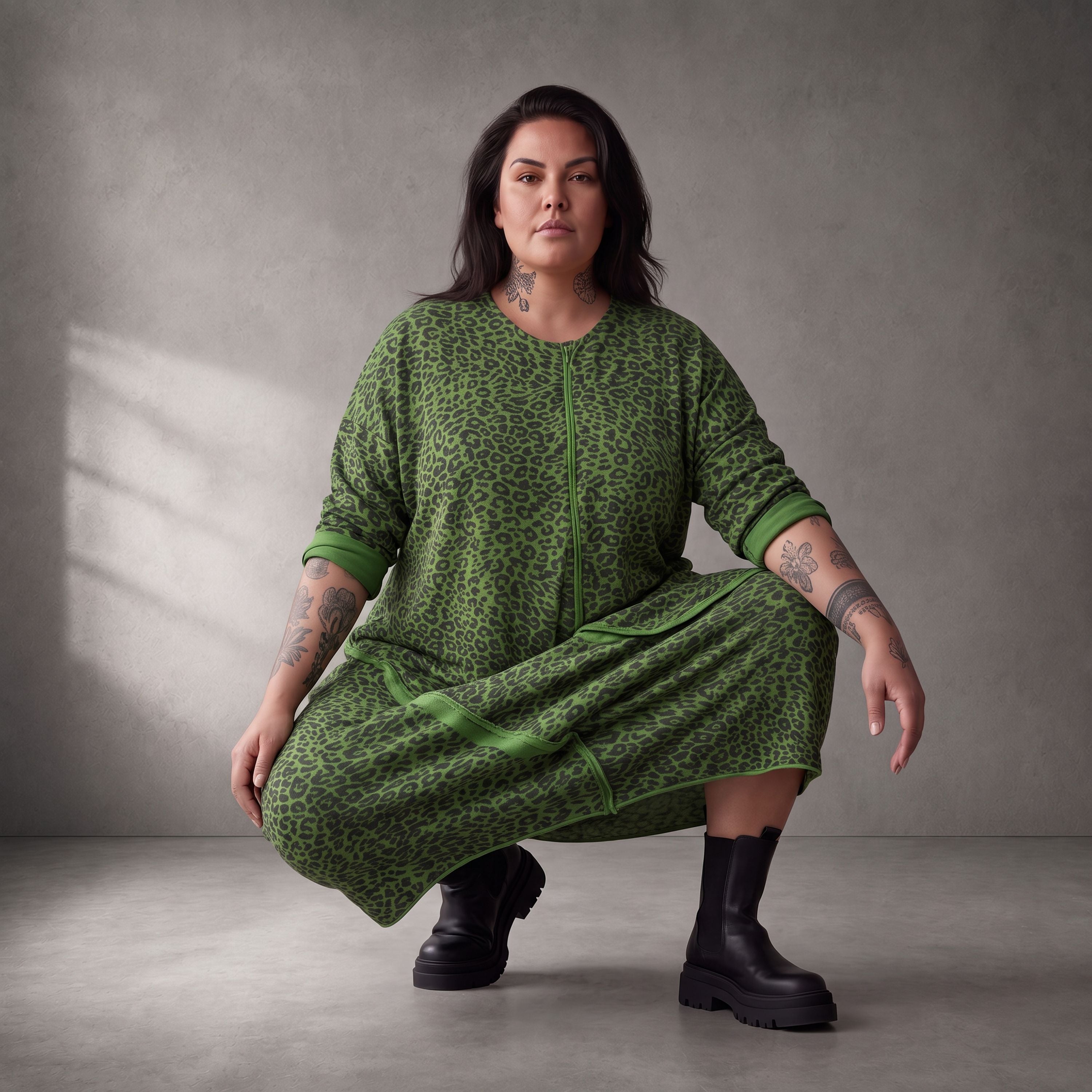Damen Kleid Lagenlook Baumwolle Grün/Schwarz, Ballonschnitt, Langarm, Seitentaschen, Oversize große Größen – Funky Diva