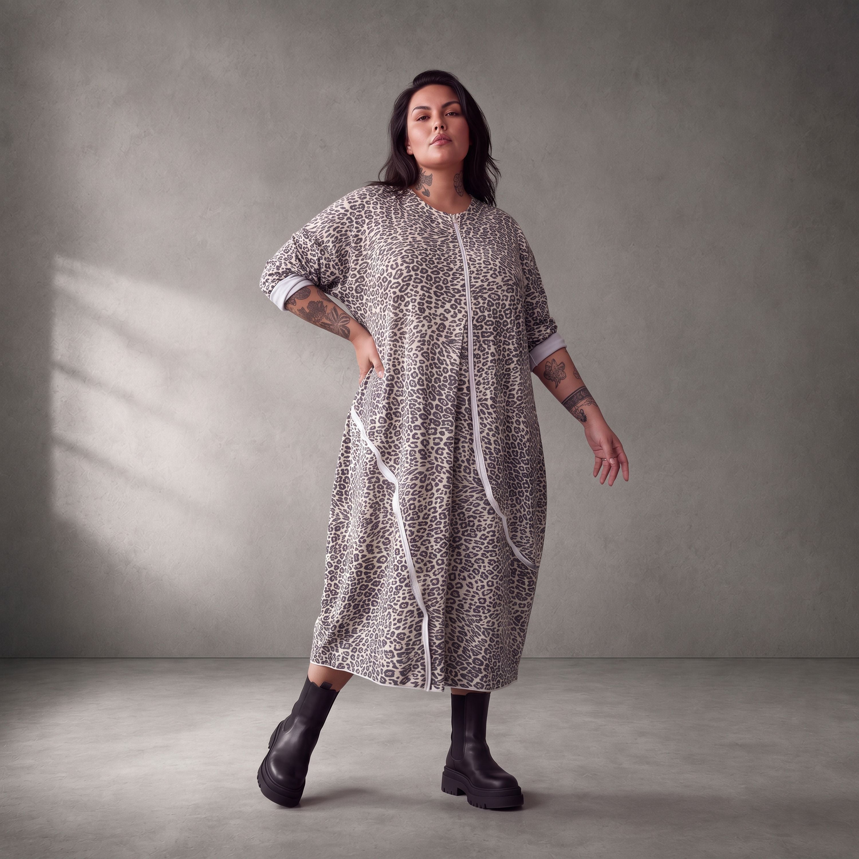 Damen Kleid Lagenlook Baumwolle Schwarz/Weiß, Ballonschnitt, Langarm, Seitentaschen, Oversize große Größen – Funky Diva