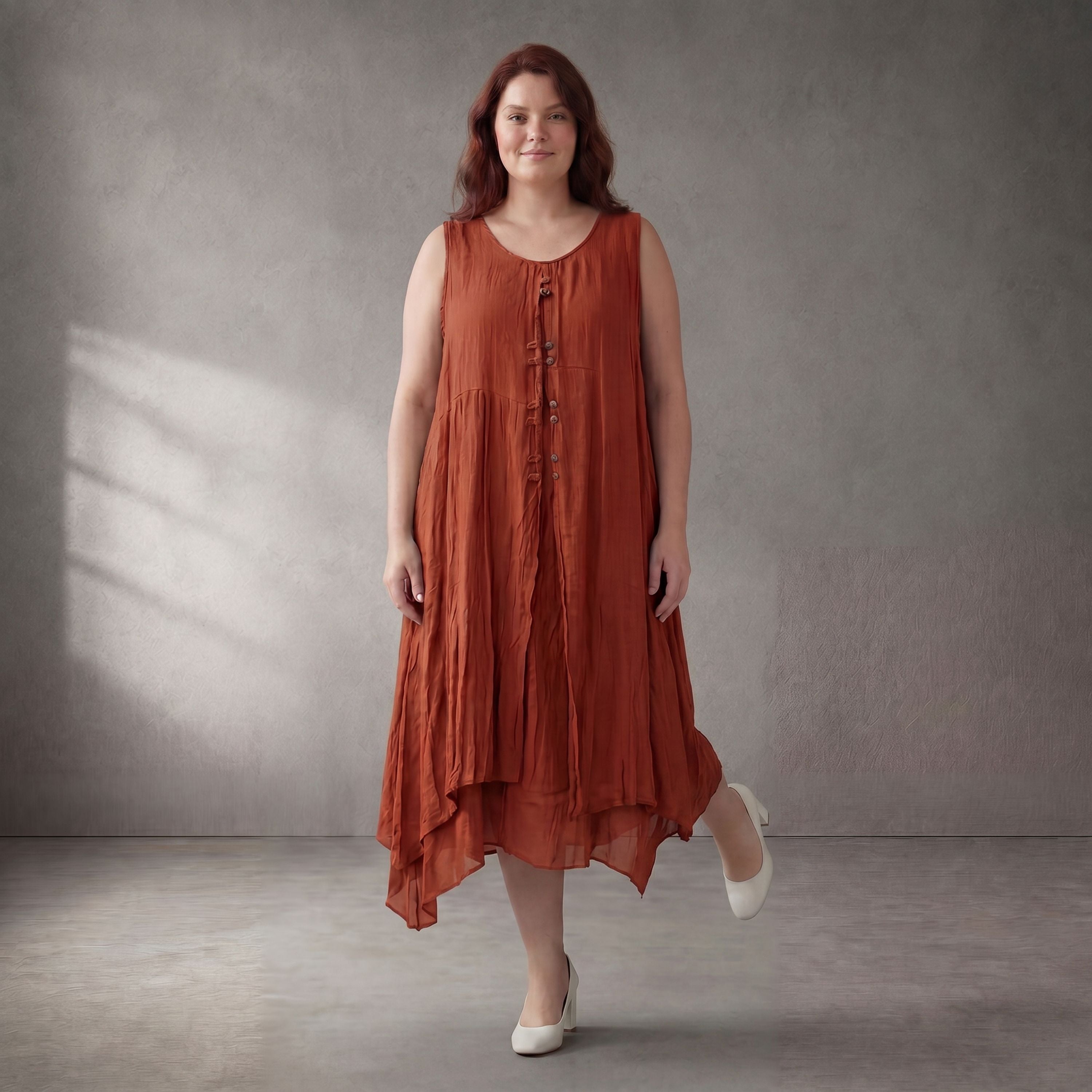 Orange OversizeTunika im Lagenlook weich fliessend zeitlos leger mit Taschen fuer Sommer