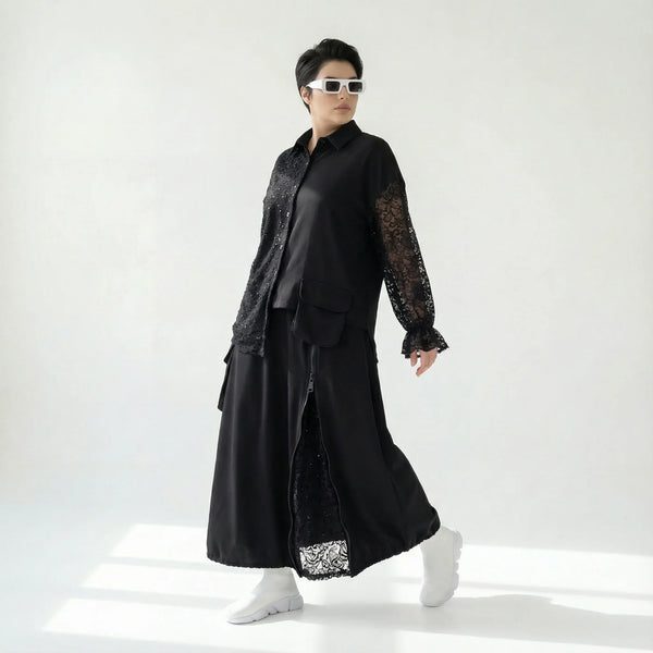 Trieste Oversize-Set mit Spitze: Schwarze Popeline-Bluse & Lagenrock – bei Modeare entdecken