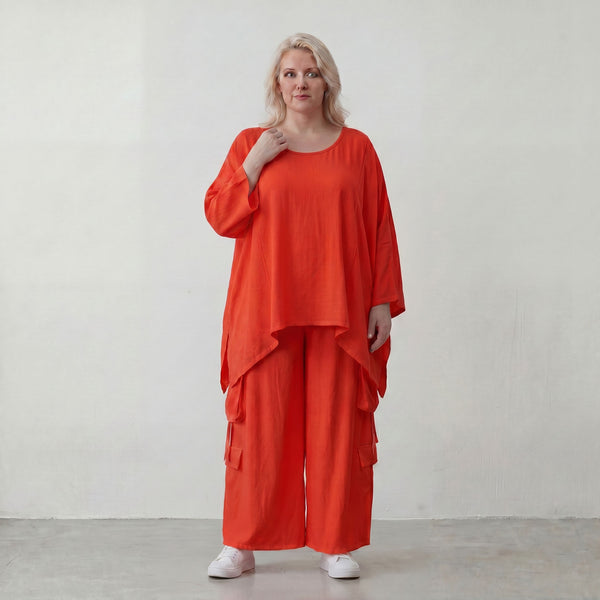 Legeres Oversize Shirt in Hellrot mit Leinenfeeling fuer sommerlichen Lagenlook zeitlos