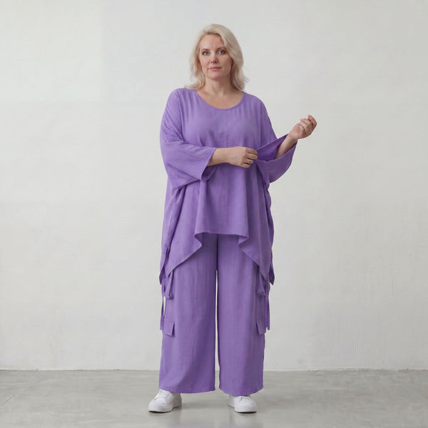 Flieder Oversize Shirt in Leinenoptik entspannt besonders mit Lagenlook Vokuhila Schnitt