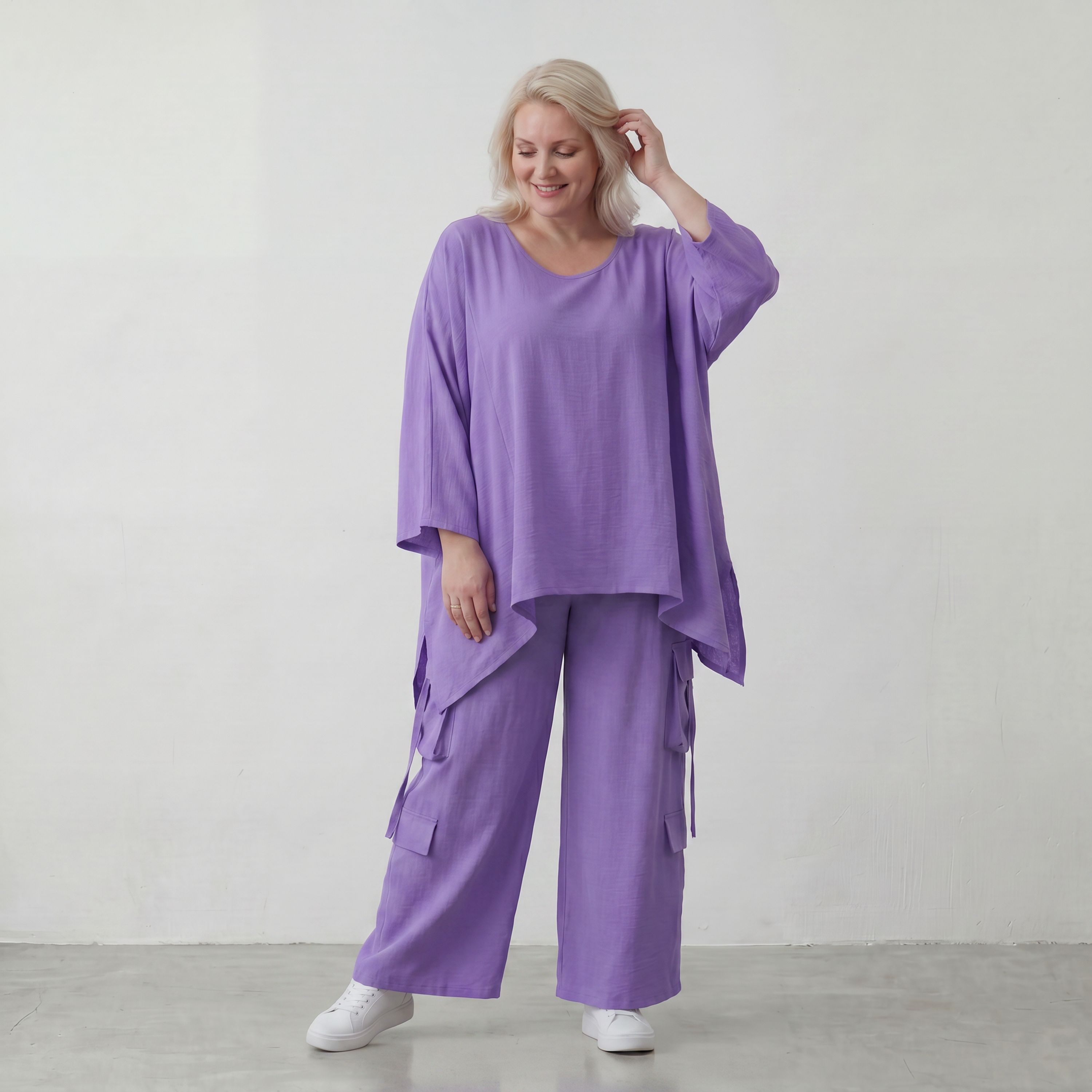 Flieder Oversize Shirt in Leinenoptik entspannt besonders mit Lagenlook Vokuhila Schnitt