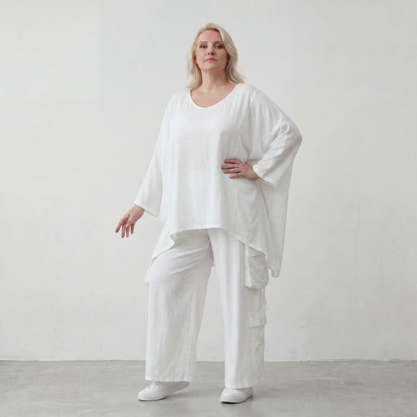 Leichtes Weißes Oversize Shirt im Lagenlook mit Leinenoptik leger zeitlos clean modernen
