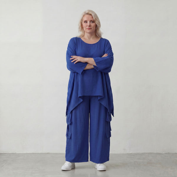 Royalblaues Oversize Shirt im Lagenlook leger ausgefallen mit Leinenoptik und Flow cool