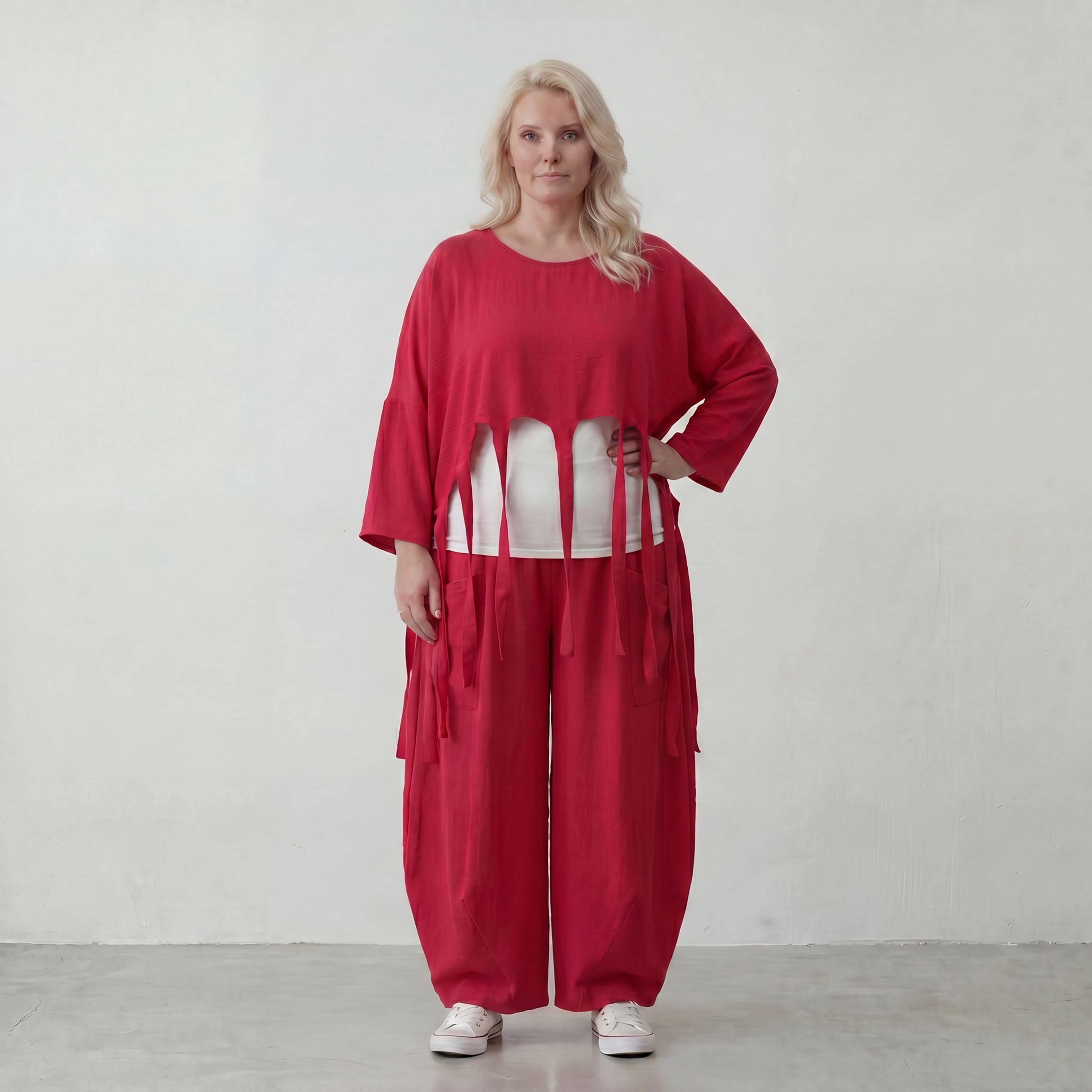 Fuchsia Oversize Überwurf im Lagenlook stilvoll ausgefallen mit Leinenoptik Fransen chic