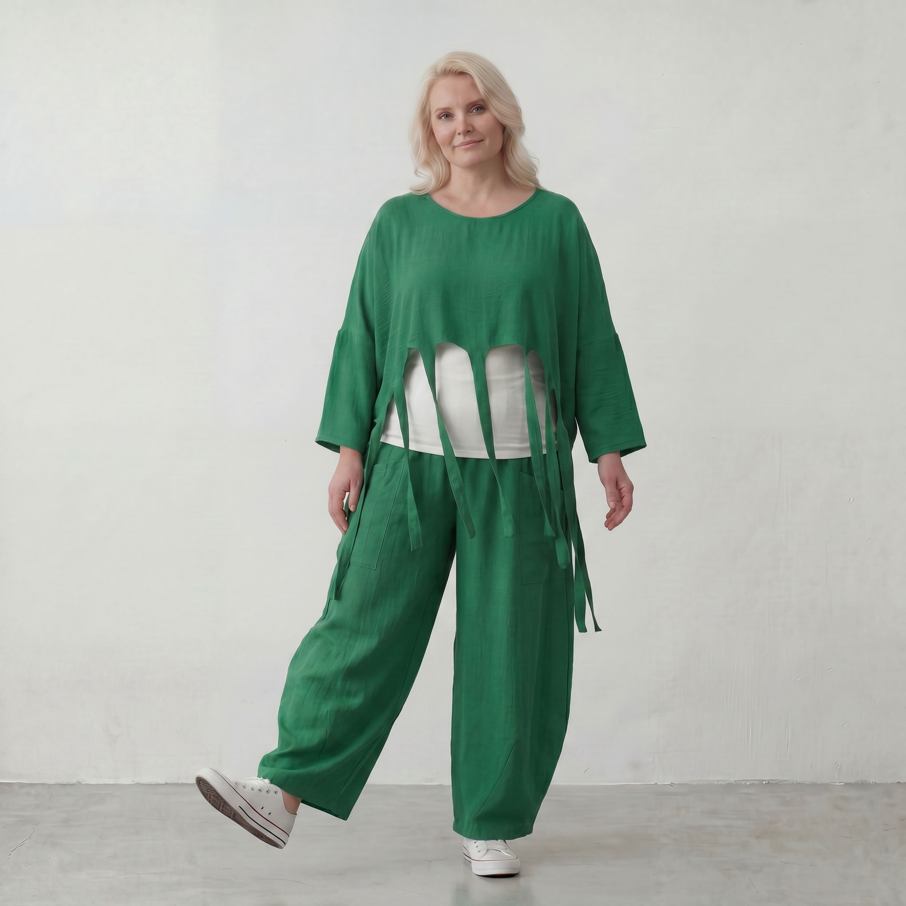 Smaragdgrün Oversize Überwurf in Leinenoptik mit Lagenlook leger zeitlos luftig weich modern