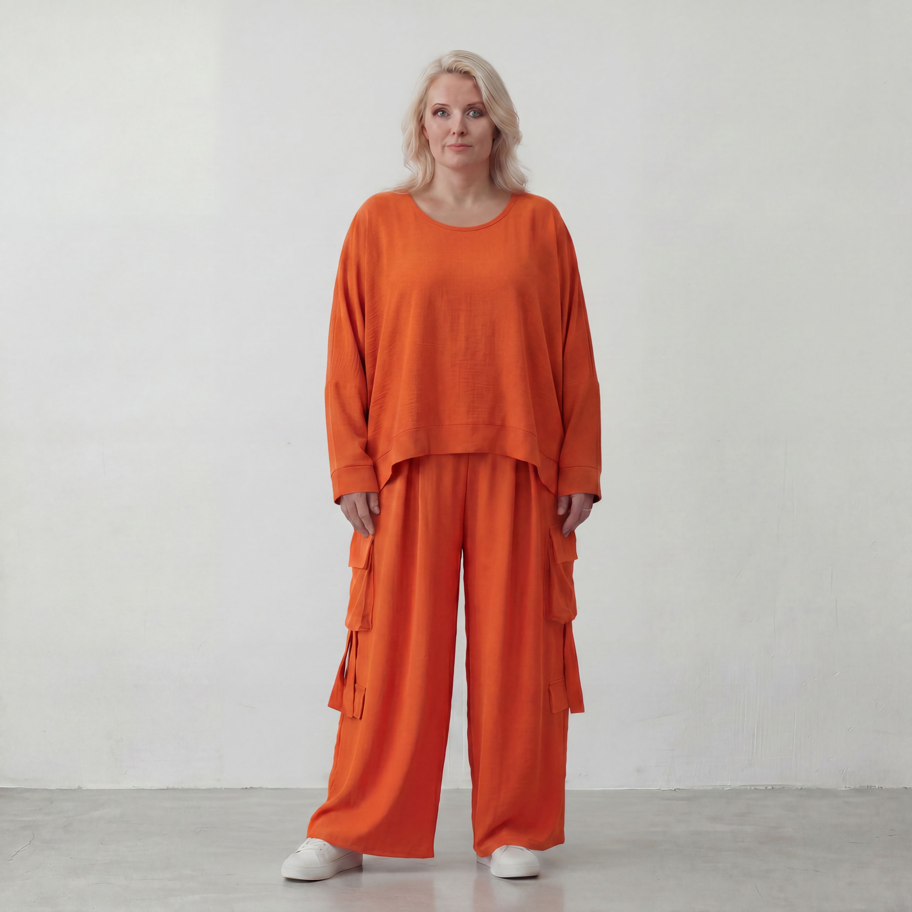 Ballonhose Hellrot fliessend im Lagenlook locker Oversize mit Leinenoptik Crashstruktur