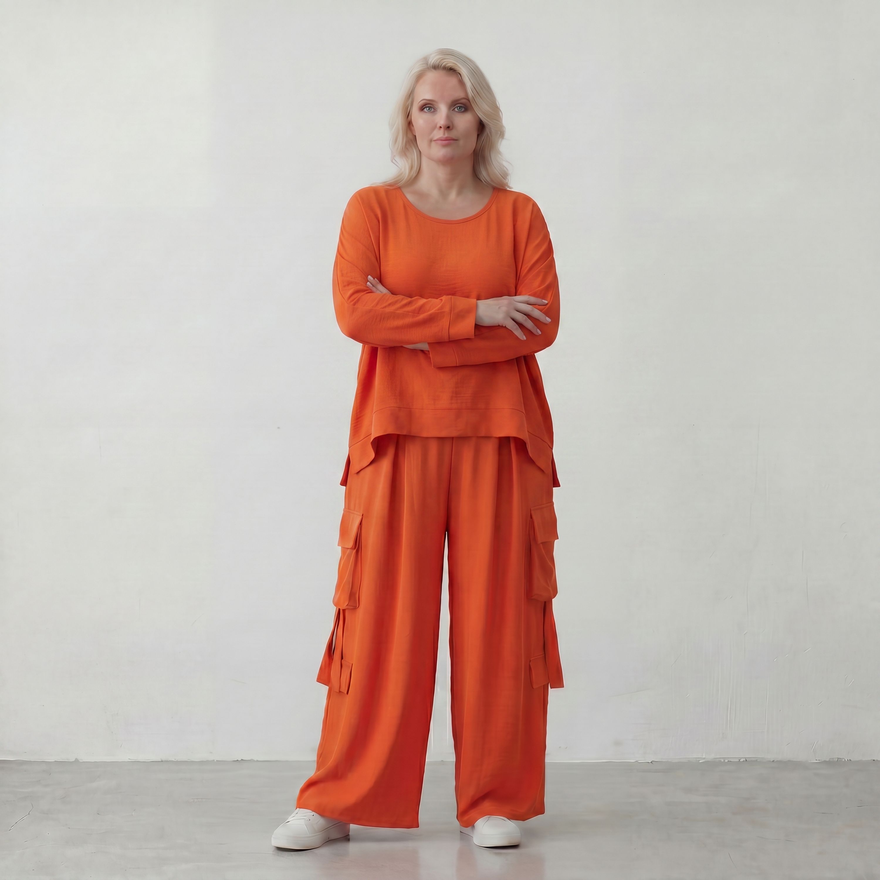 Ballonhose Hellrot fliessend im Lagenlook locker Oversize mit Leinenoptik Crashstruktur