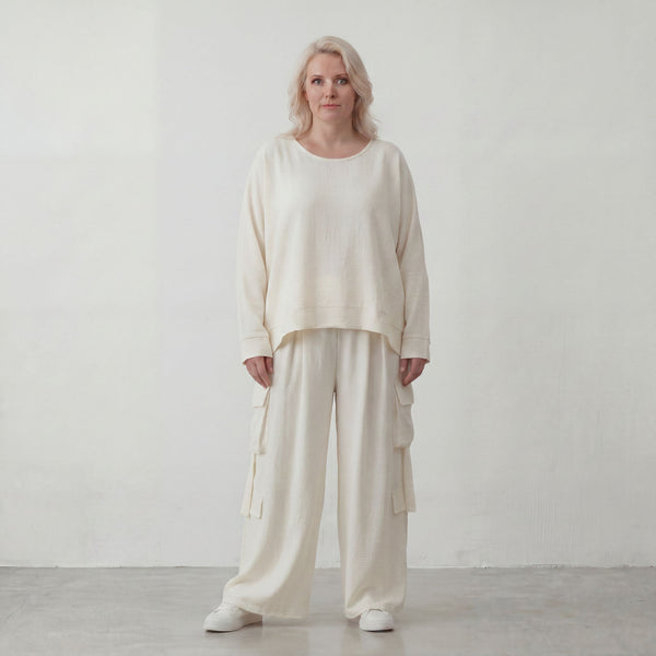 Creme Lagenlook Überwurf in Leinenoptik leger Oversize mit Crash Effekt zeitlos leicht