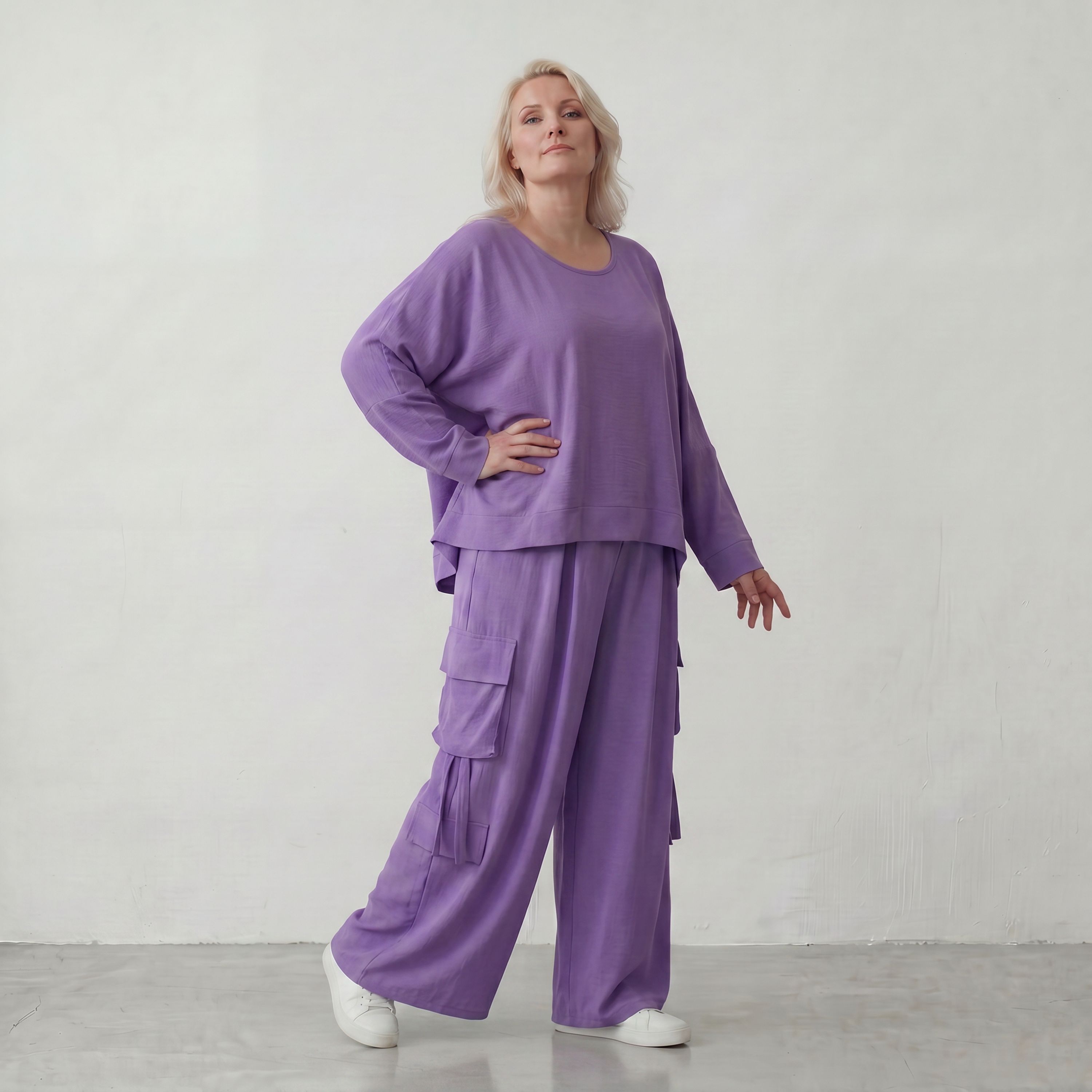 Flieder Ballonhose im Lagenlook Oversize leger zeitlos mit Leinenmix Knitteroptik leicht