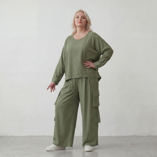 Khaki Lagenlook Überwurf Leinenoptik locker Oversize leger zeitlos ausgefallen chic Mode