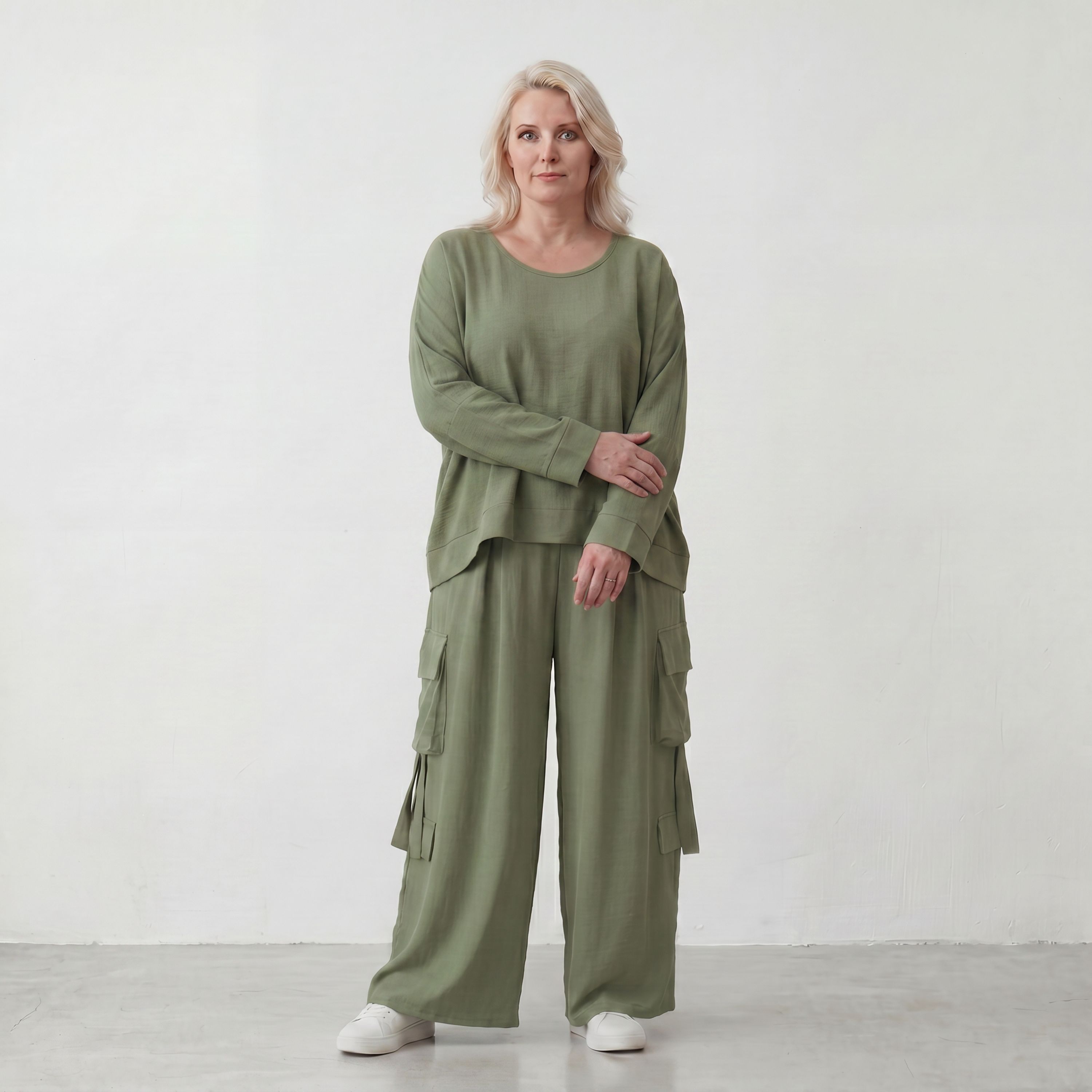 Khaki Lagenlook Überwurf Leinenoptik locker Oversize leger zeitlos ausgefallen chic Mode