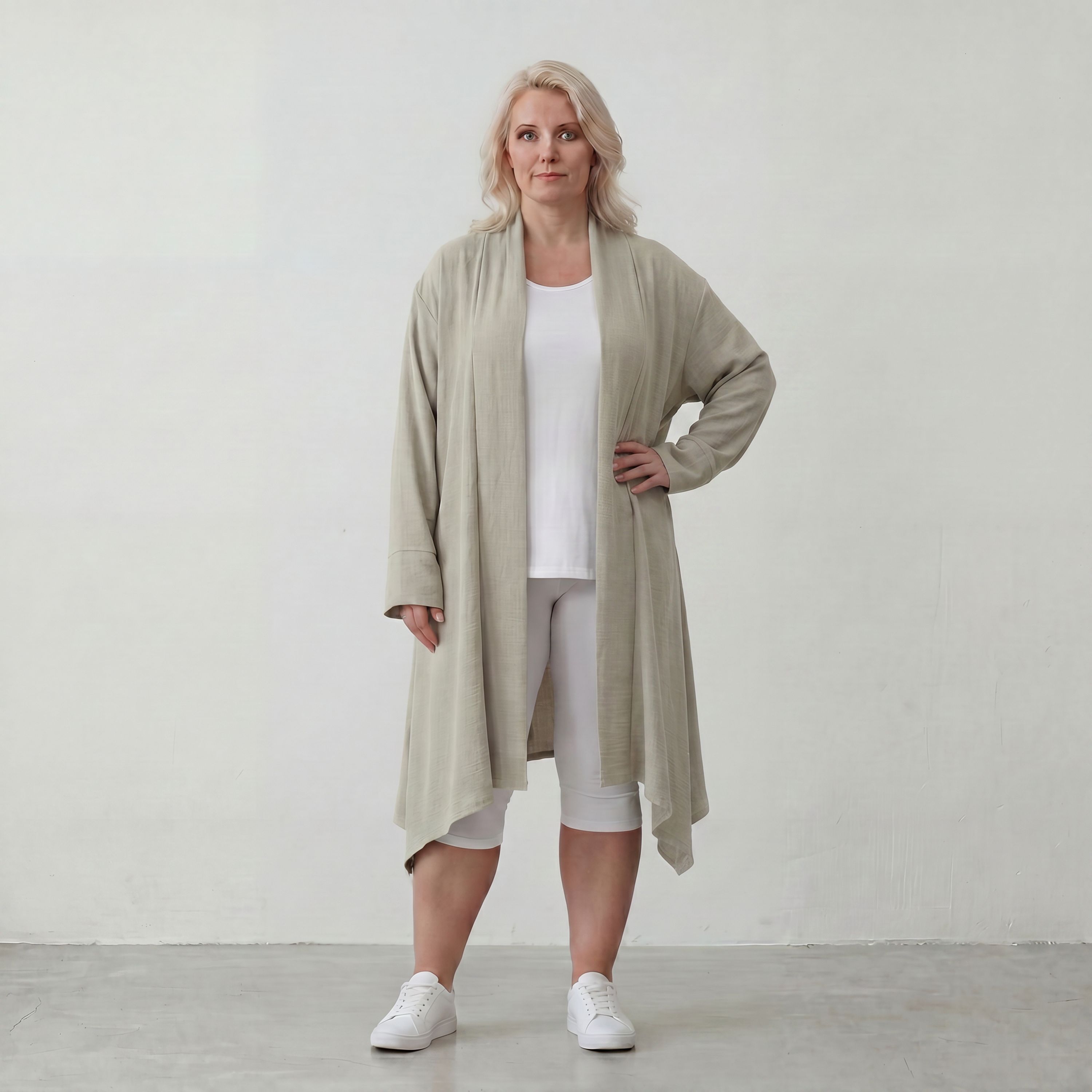 Zeitloser Beige Cardigan Lagenlook Oversize leger ausgefallen mit Leinenoptik Schalkragen