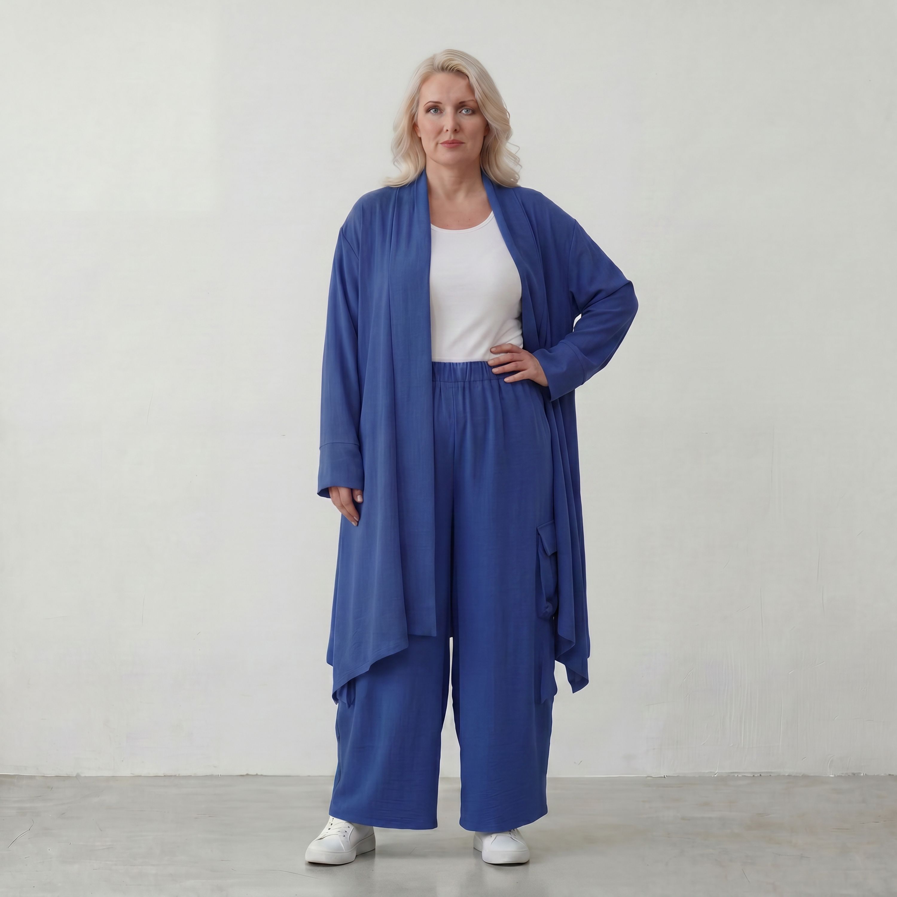 Fliessend geschnittener Cardigan Royalblau Leinenoptik Oversize Lagenlook luftig zeitlos