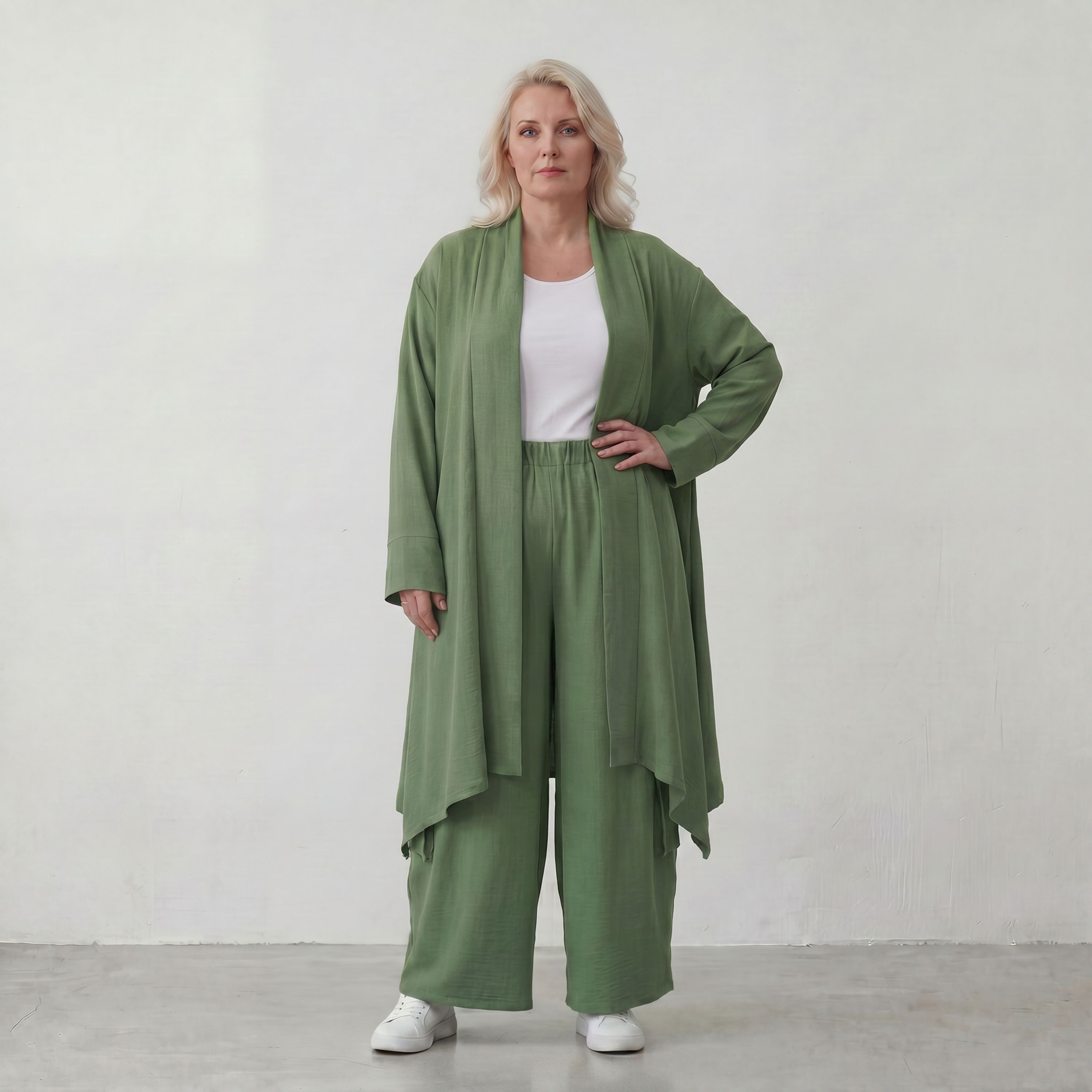 Fliessender Khaki Cardigan im Lagenlook leger Oversize mit angenehmem Leinenfeeling chic