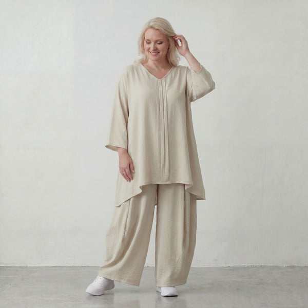 Beige Leinenlook Shirt im legeren Lagenlook Oversize A Linie zeitlos elegant fliessend