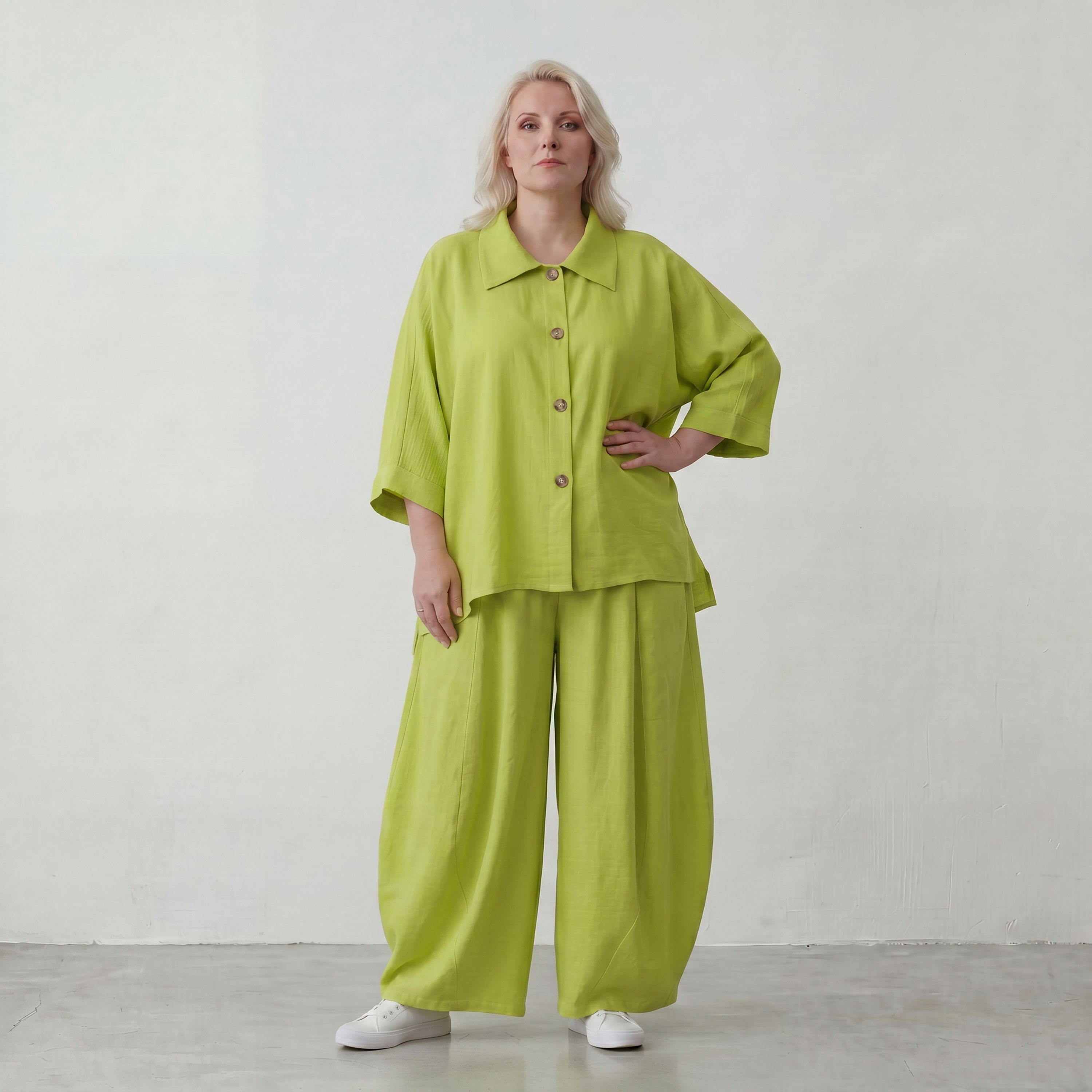Ballonhose Apfelgrün fliessend neu Lagenlook Oversized lässig zeitlos bequem weites Bein