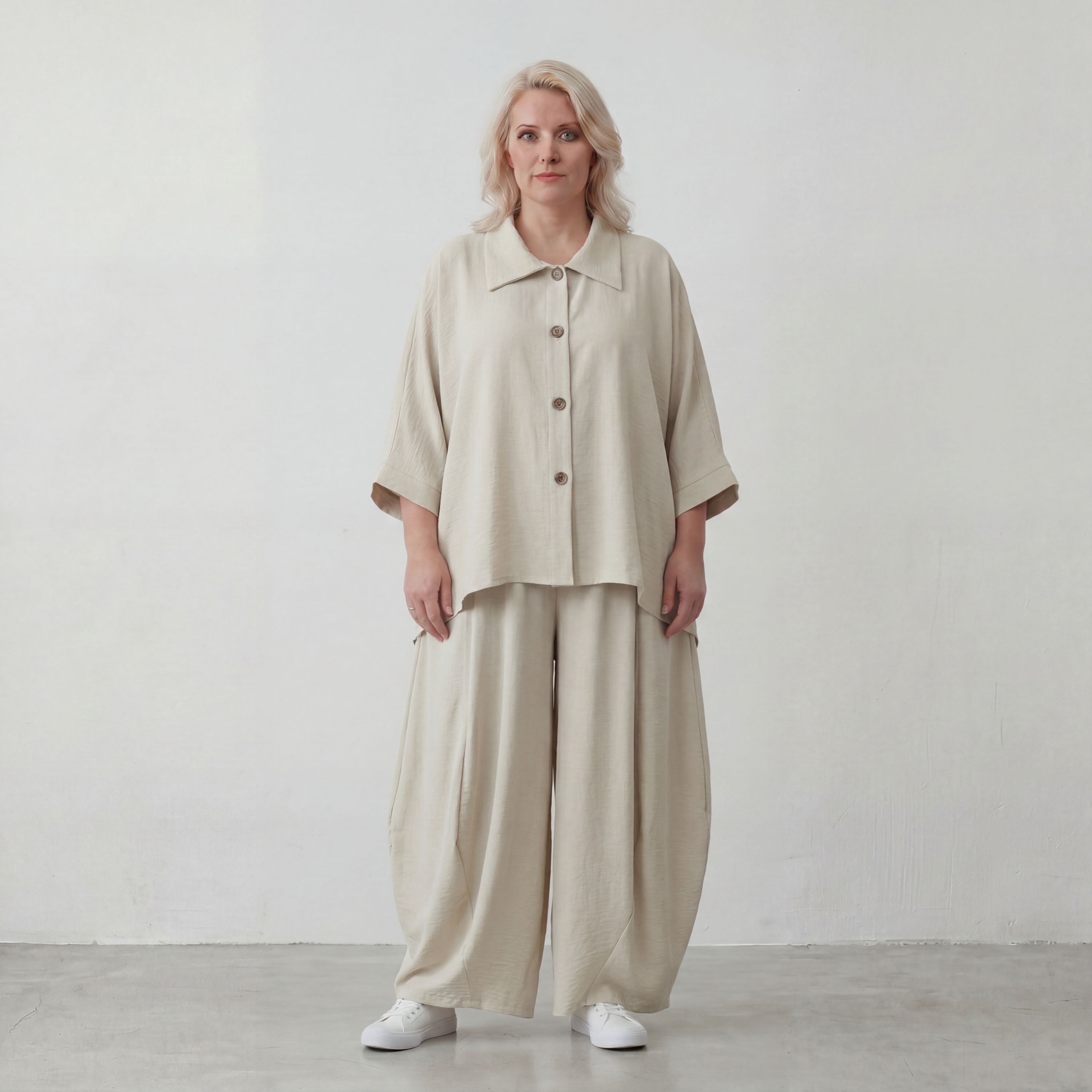 Beige Leinenlook Ballonhose Oversize leger ausgefallen zeitlos mit Crashstruktur weich
