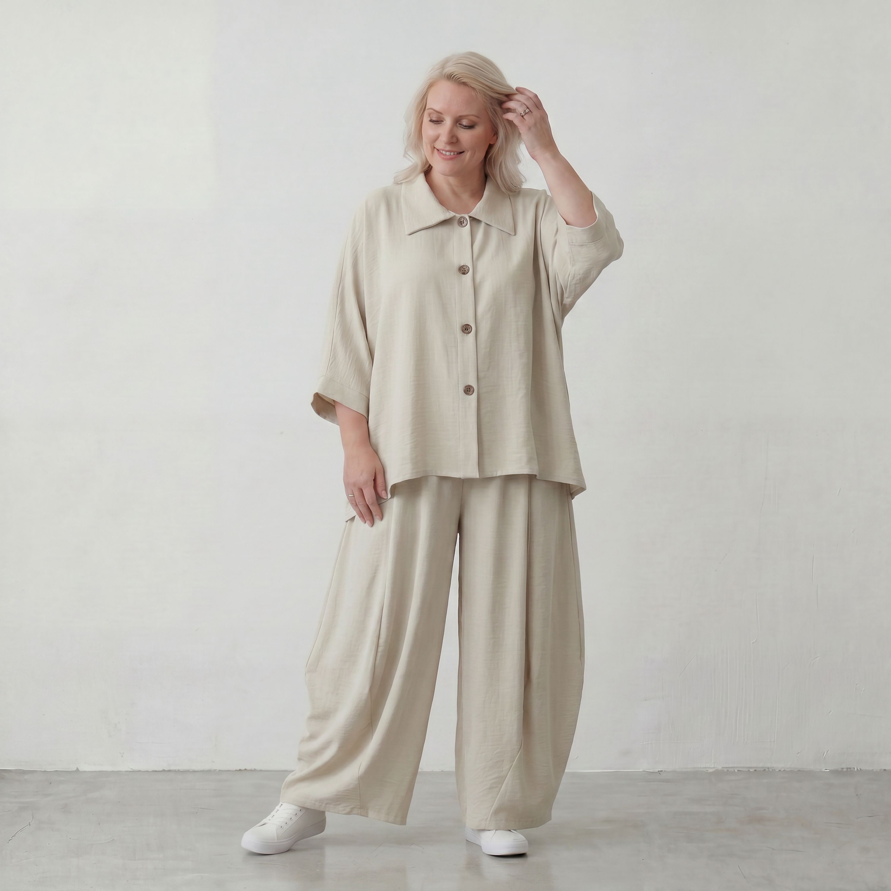 Beige Leinenlook Ballonhose Oversize leger ausgefallen zeitlos mit Crashstruktur weich