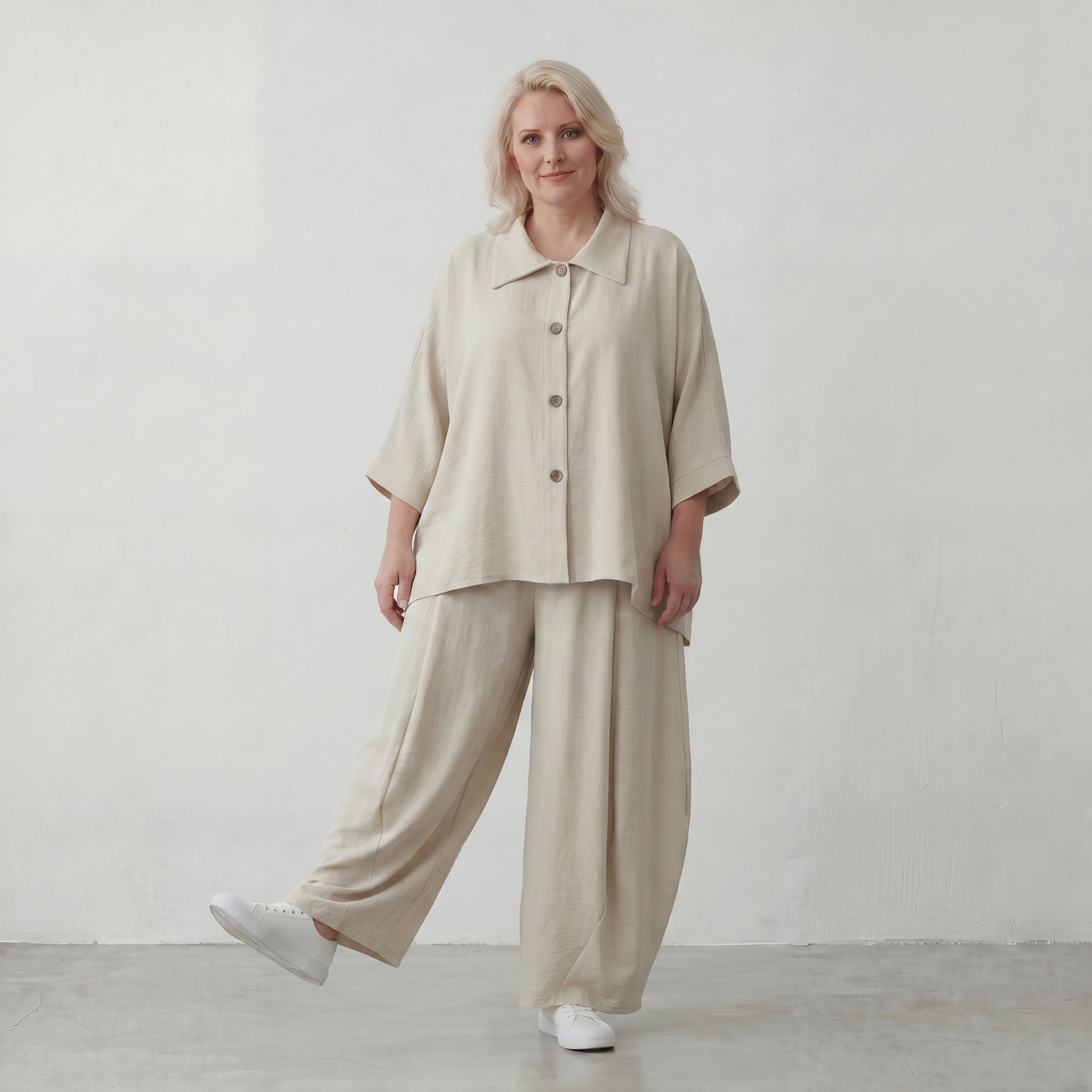 Beige Leinenlook Ballonhose Oversize leger ausgefallen zeitlos mit Crashstruktur weich