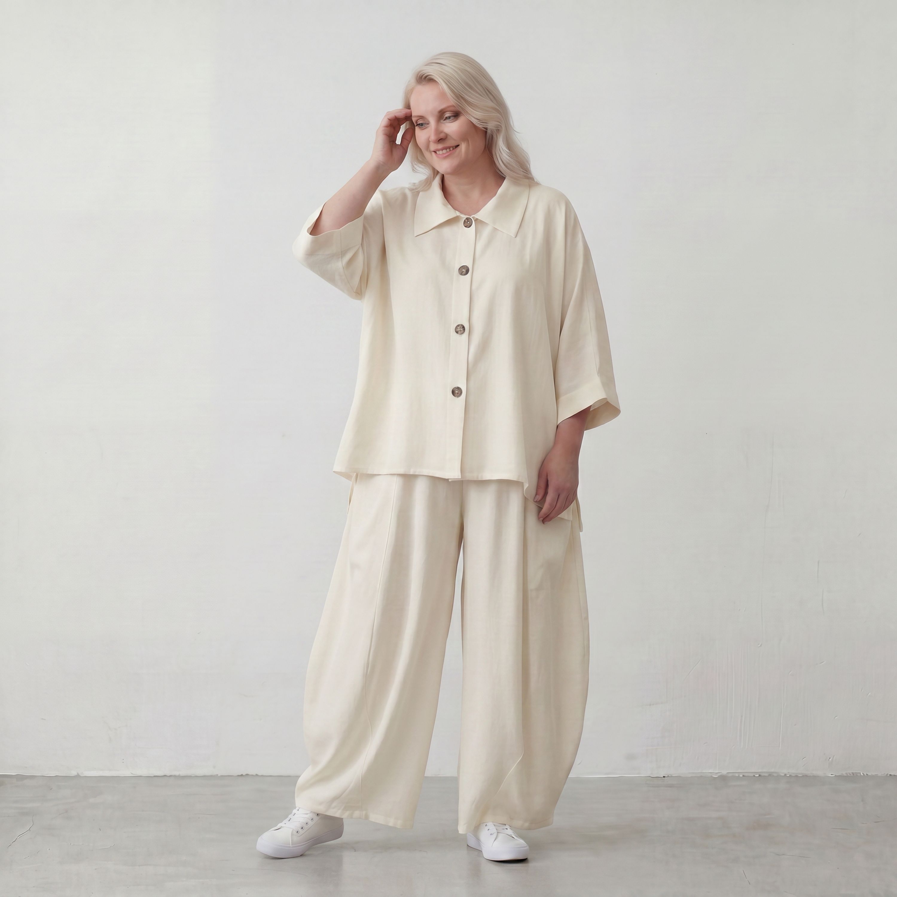 Creme fliessend Leinenoptik Bluse im Lagenlook leger Oversize zeitlos Crasheffekt weich