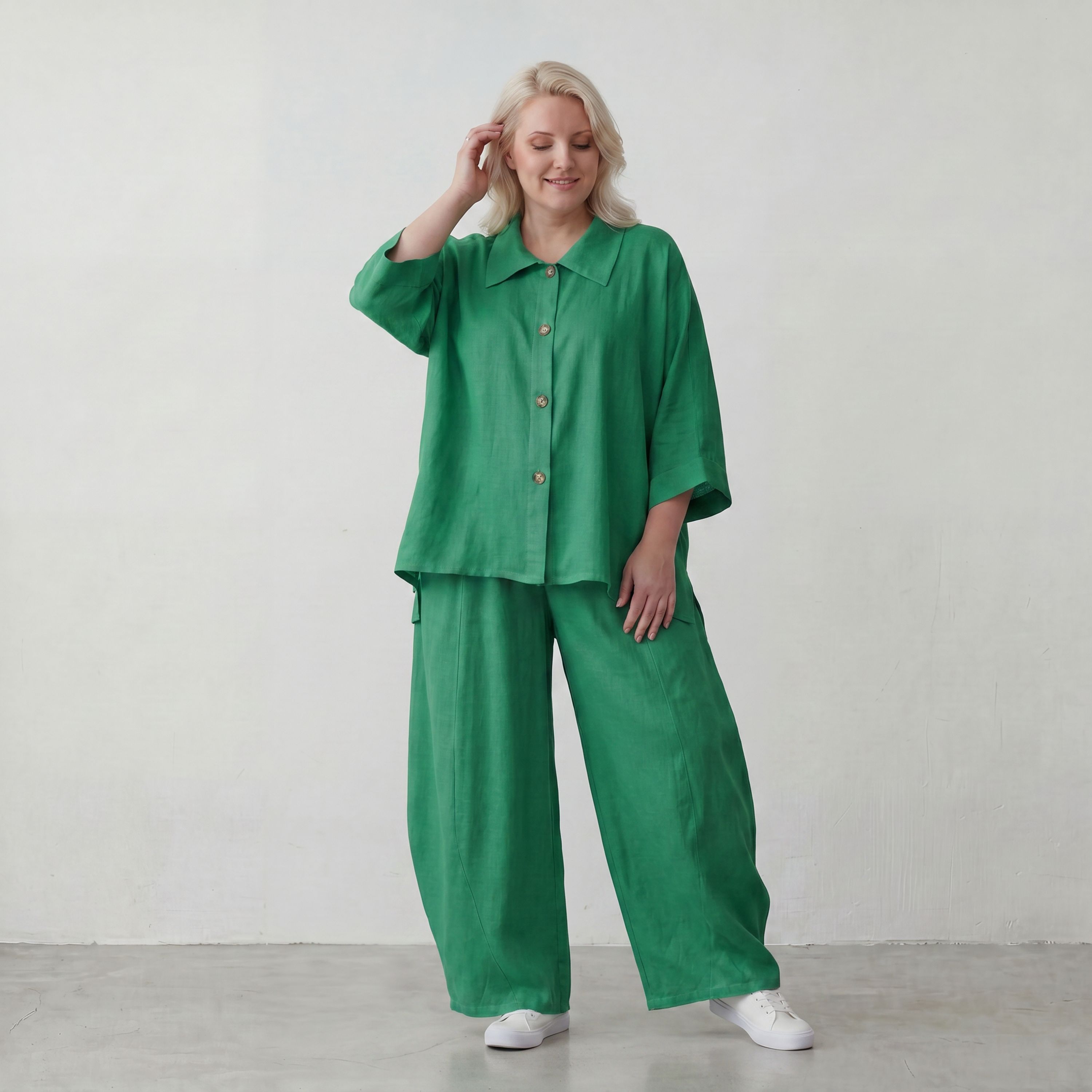 Smaragdgrün Ballonhose leger Oversize Lagenlook mit weitem Bein und leichter Leinenoptik