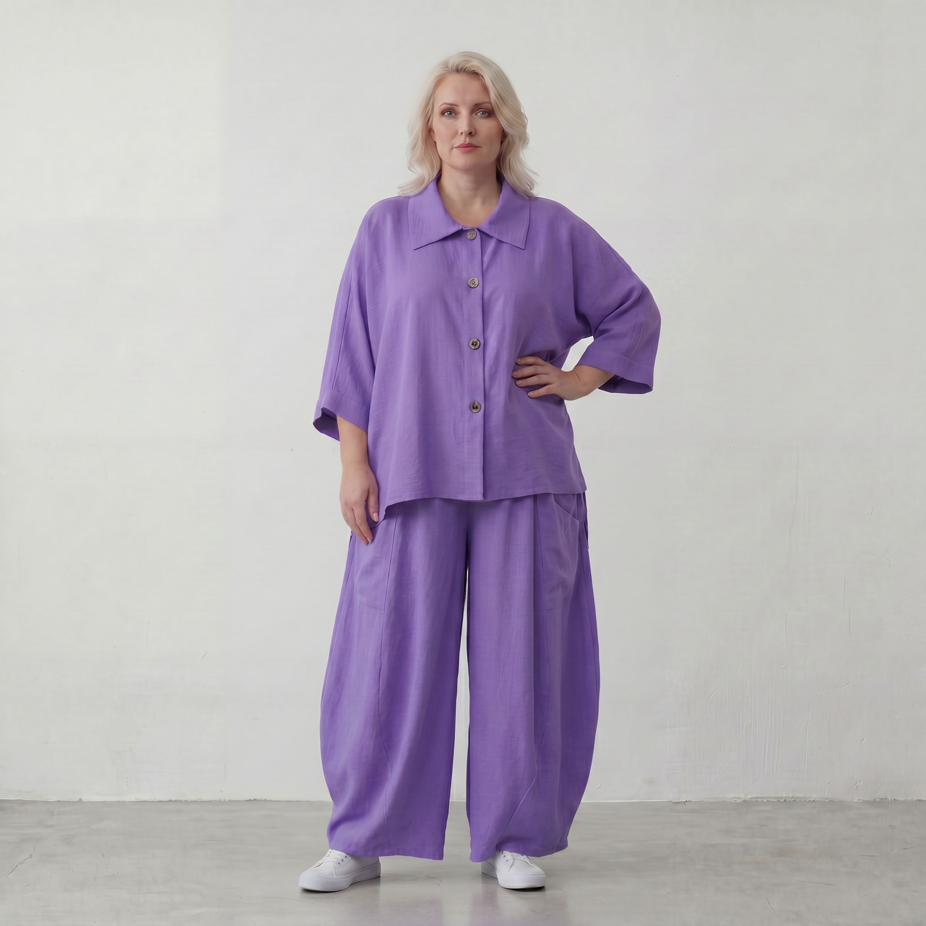 Flieder Oversize Leinenbluse Lagenlook locker zeitlos mit kuehl leichtem Fall soft Griff